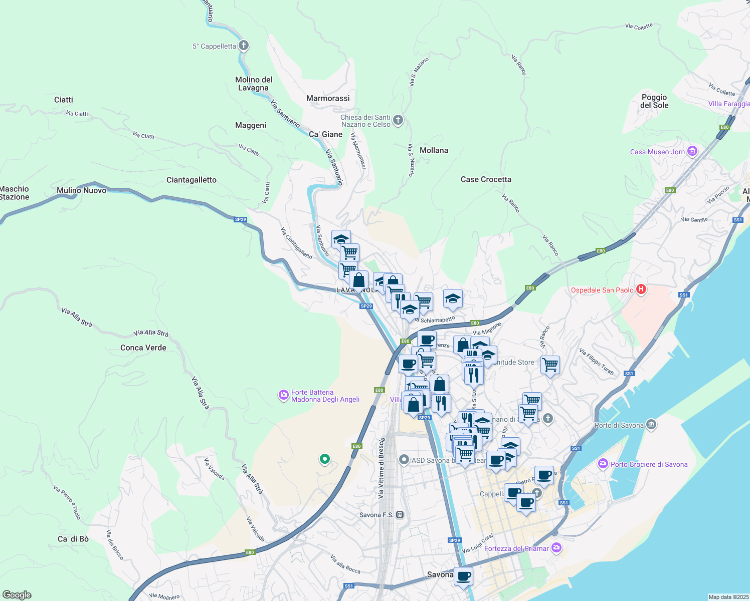 map of restaurants, bars, coffee shops, grocery stores, and more near 20 Via Francesco Crispi in Savona