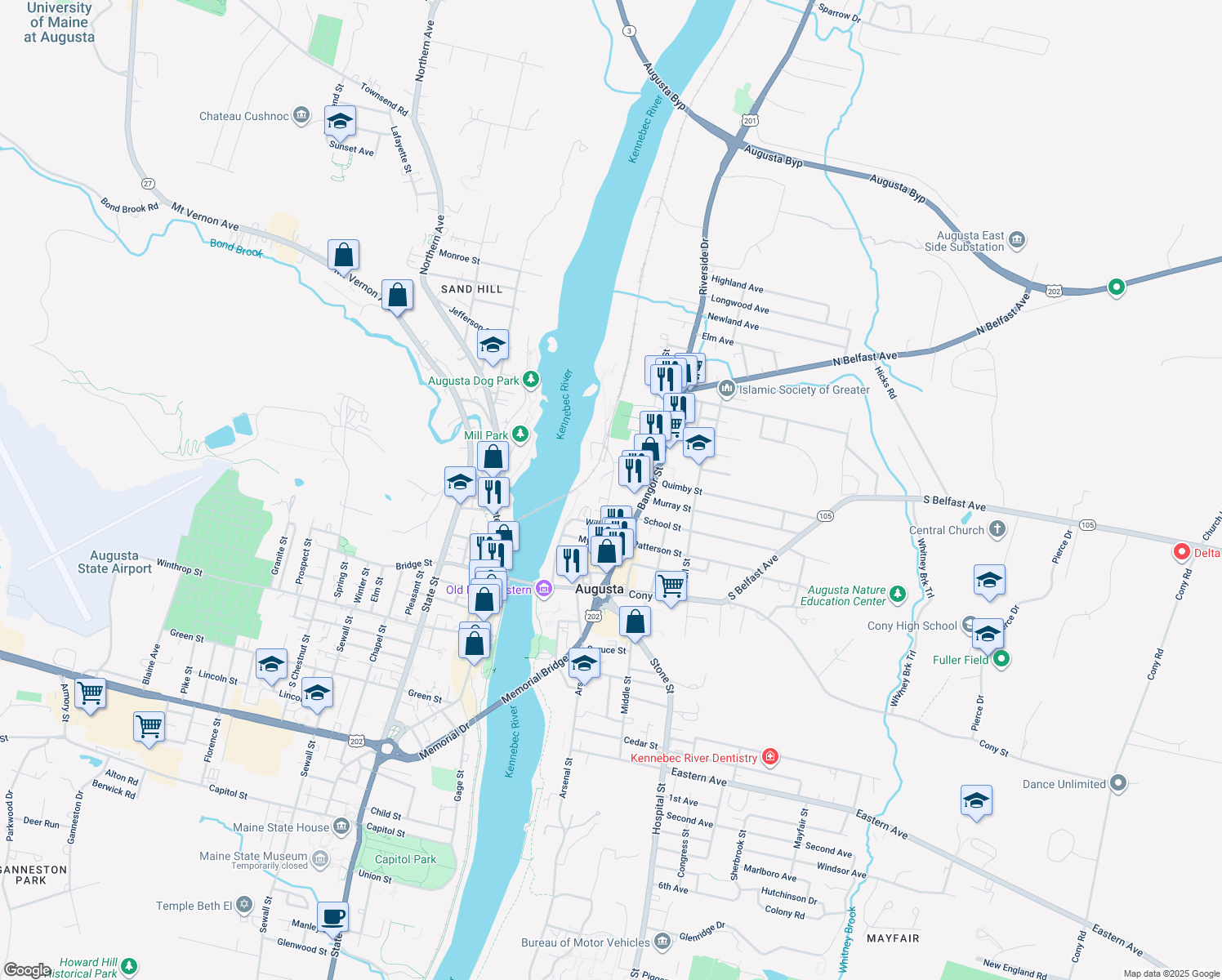 map of restaurants, bars, coffee shops, grocery stores, and more near Maple St in Augusta