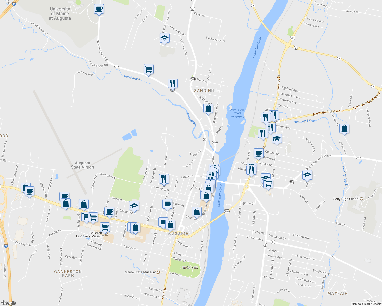 map of restaurants, bars, coffee shops, grocery stores, and more near 55 Boothby Street in Augusta