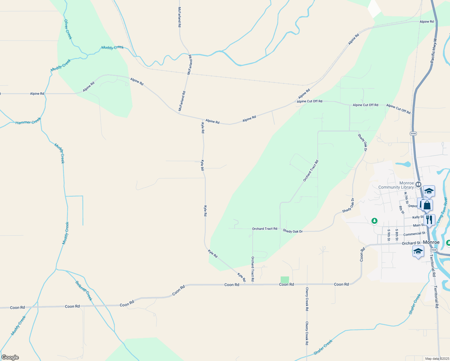 map of restaurants, bars, coffee shops, grocery stores, and more near 25143 Kyle Rd in Monroe