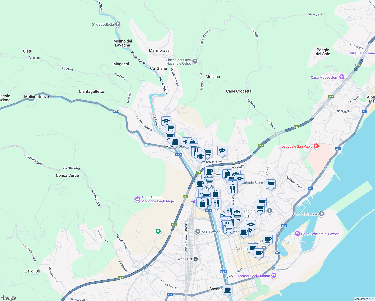 map of restaurants, bars, coffee shops, grocery stores, and more near 20 Via Francesco Crispi in Savona