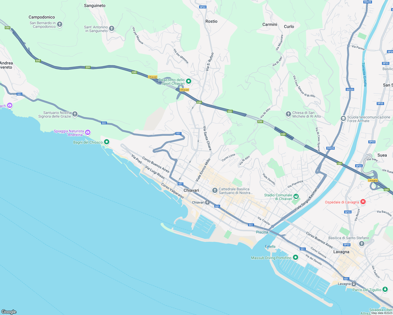 map of restaurants, bars, coffee shops, grocery stores, and more near 10 Via Gaetano Descalzi in Chiavari