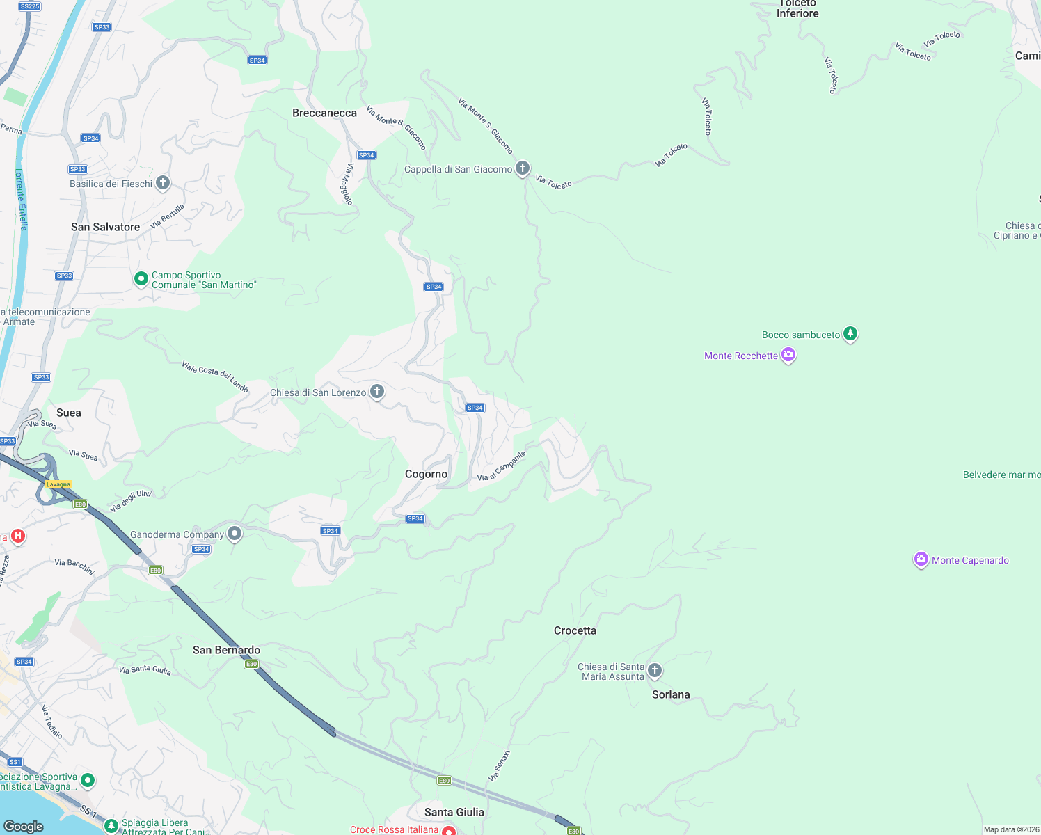 map of restaurants, bars, coffee shops, grocery stores, and more near 39 Via Costigliolo in Cogorno