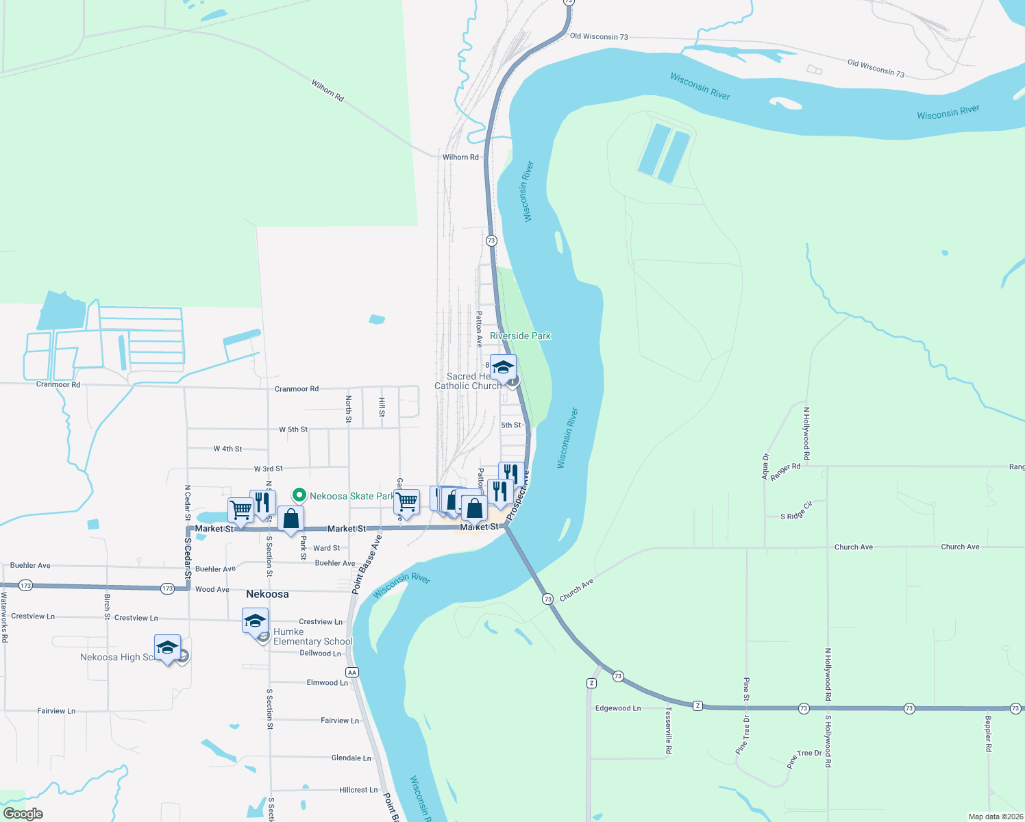 map of restaurants, bars, coffee shops, grocery stores, and more near 113 6th Street in Nekoosa