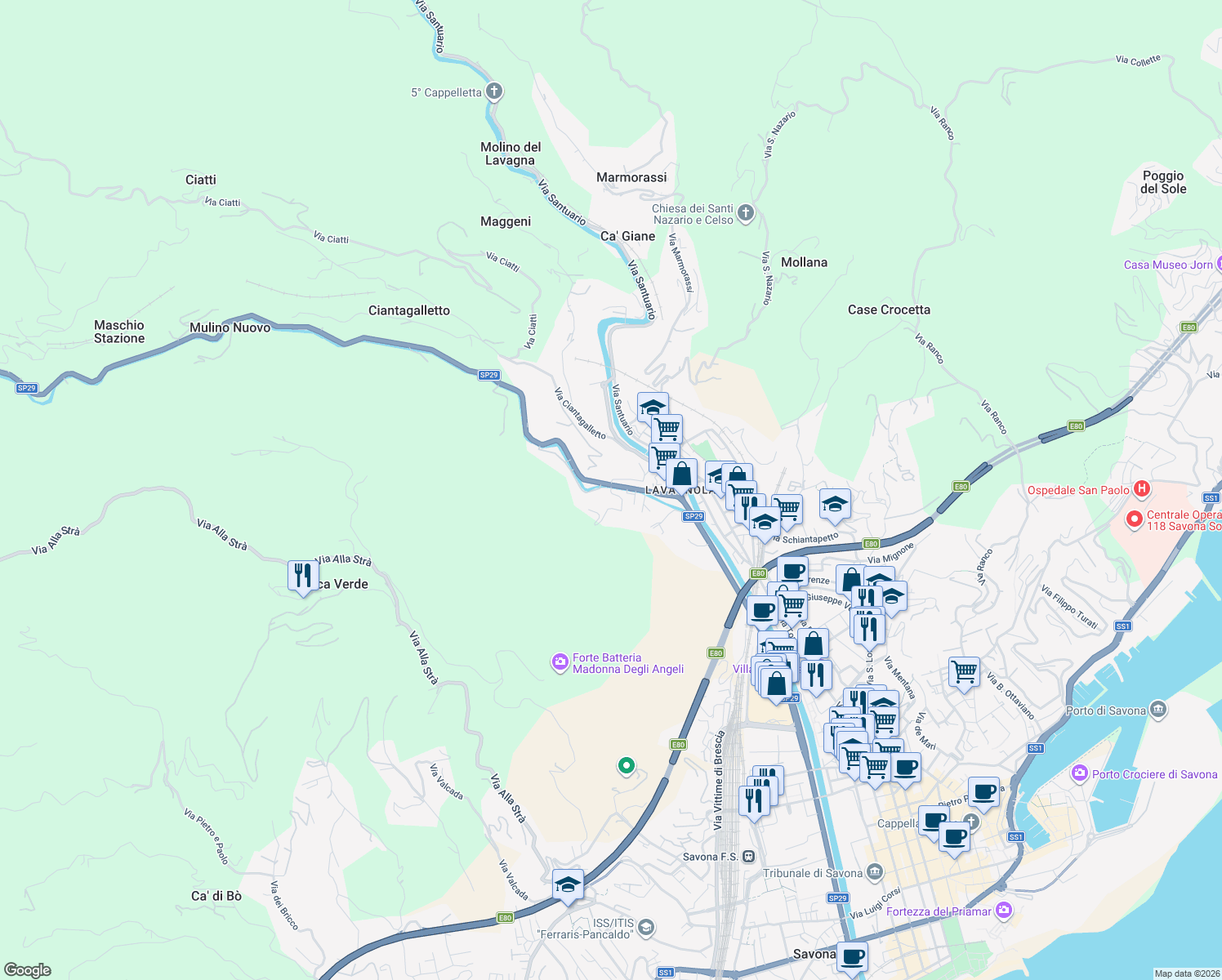 map of restaurants, bars, coffee shops, grocery stores, and more near 5 Via Nazionale Piemonte in Savona