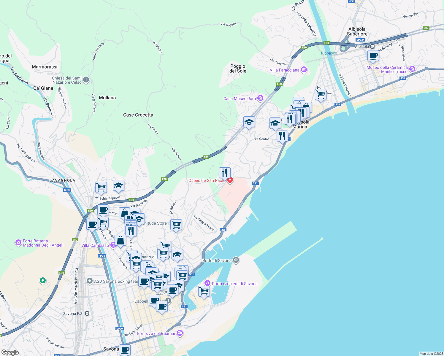 map of restaurants, bars, coffee shops, grocery stores, and more near 36A Via Genova in Savona