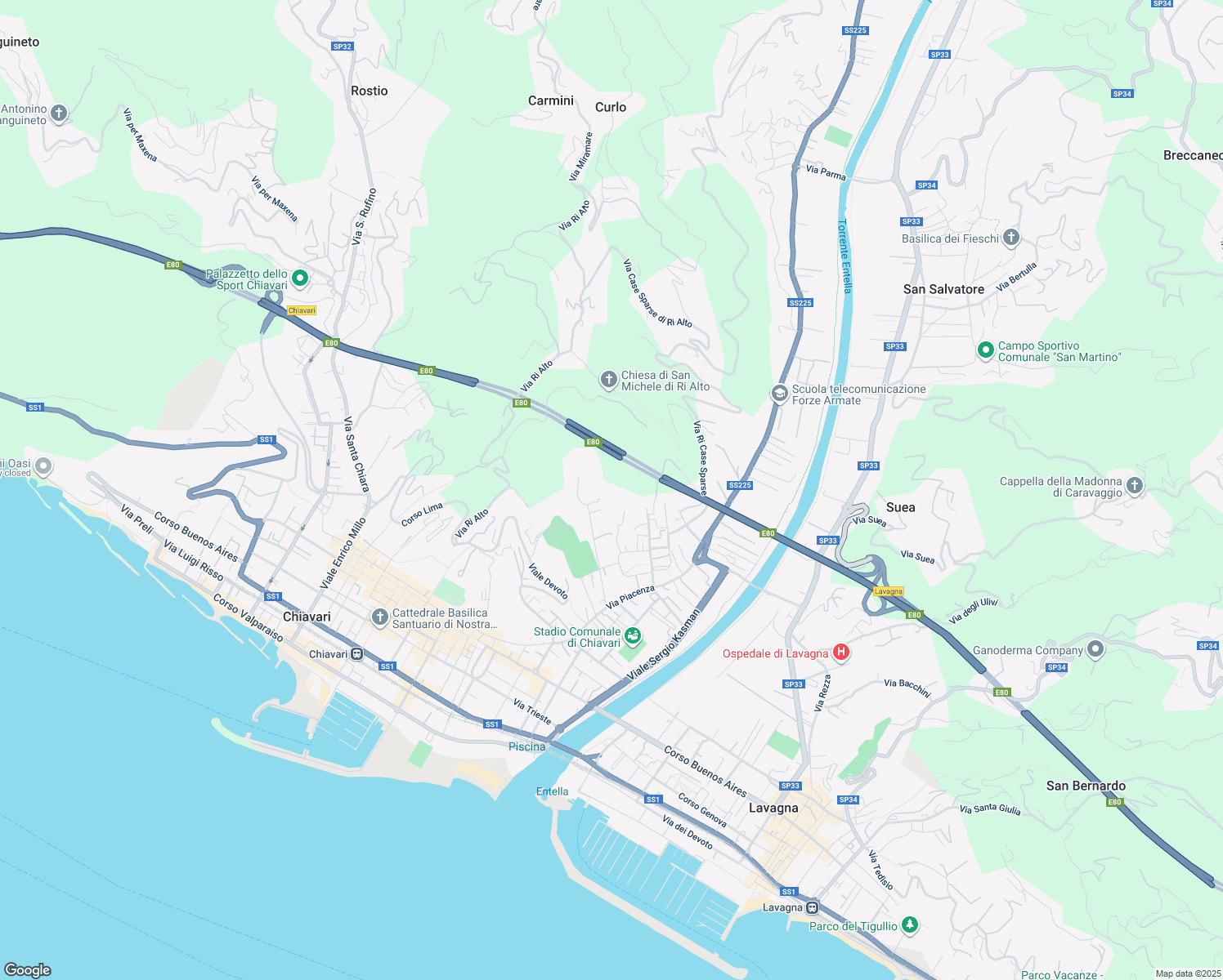 map of restaurants, bars, coffee shops, grocery stores, and more near 41 Via Privata Comignano in Chiavari