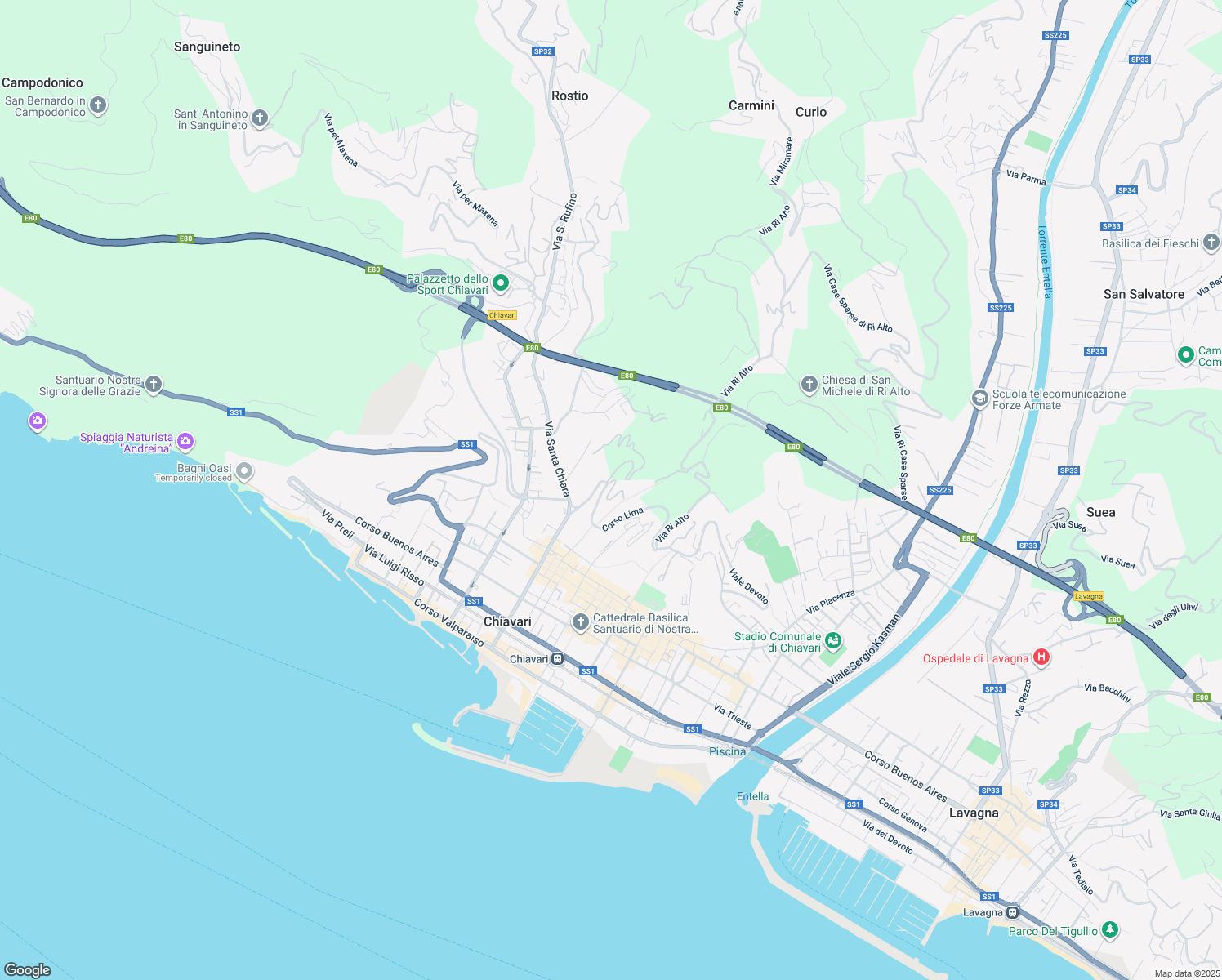 map of restaurants, bars, coffee shops, grocery stores, and more near 1 Via Ri Alto in Chiavari