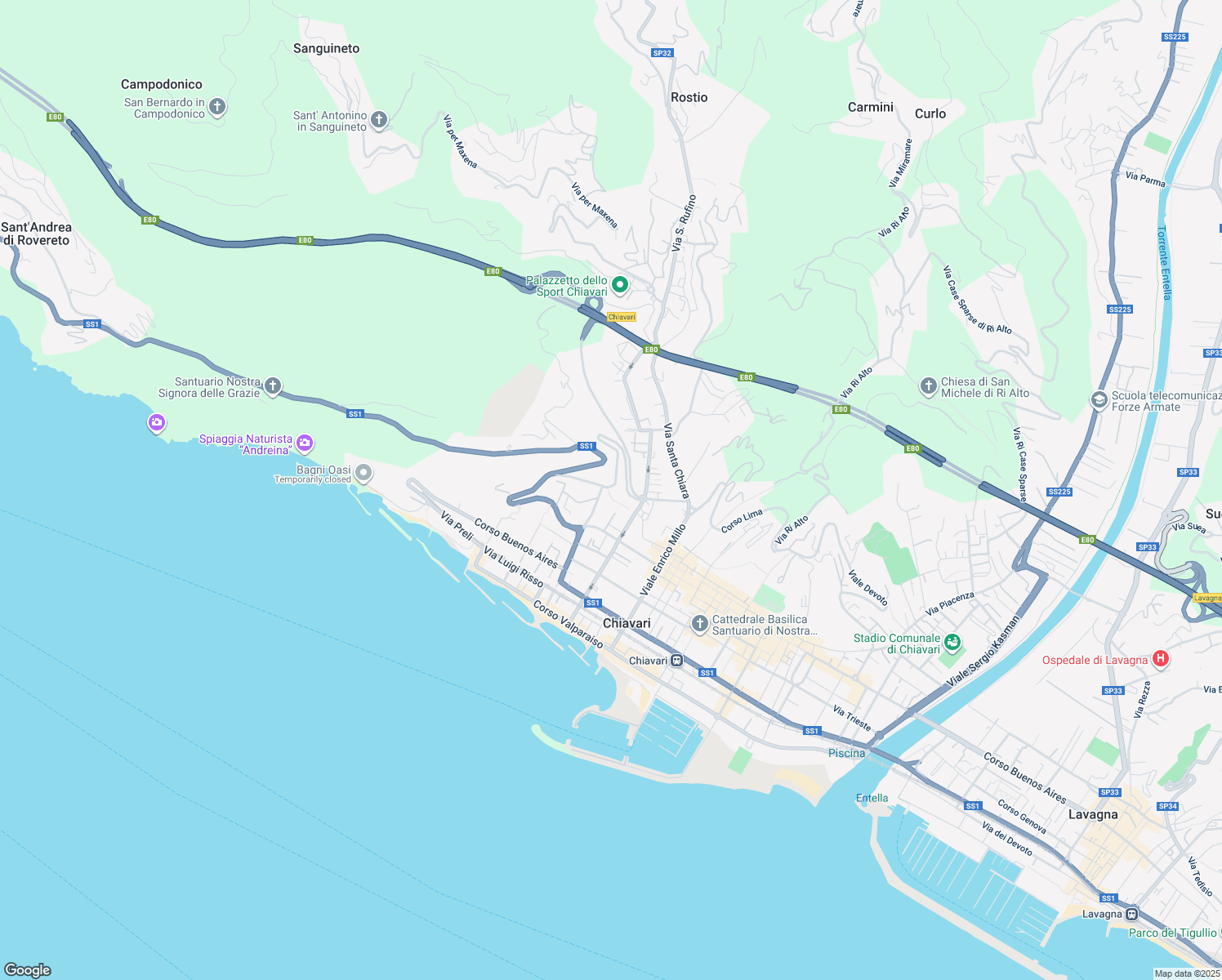 map of restaurants, bars, coffee shops, grocery stores, and more near 35 Via Antonio Gonnelli Cioni in Chiavari