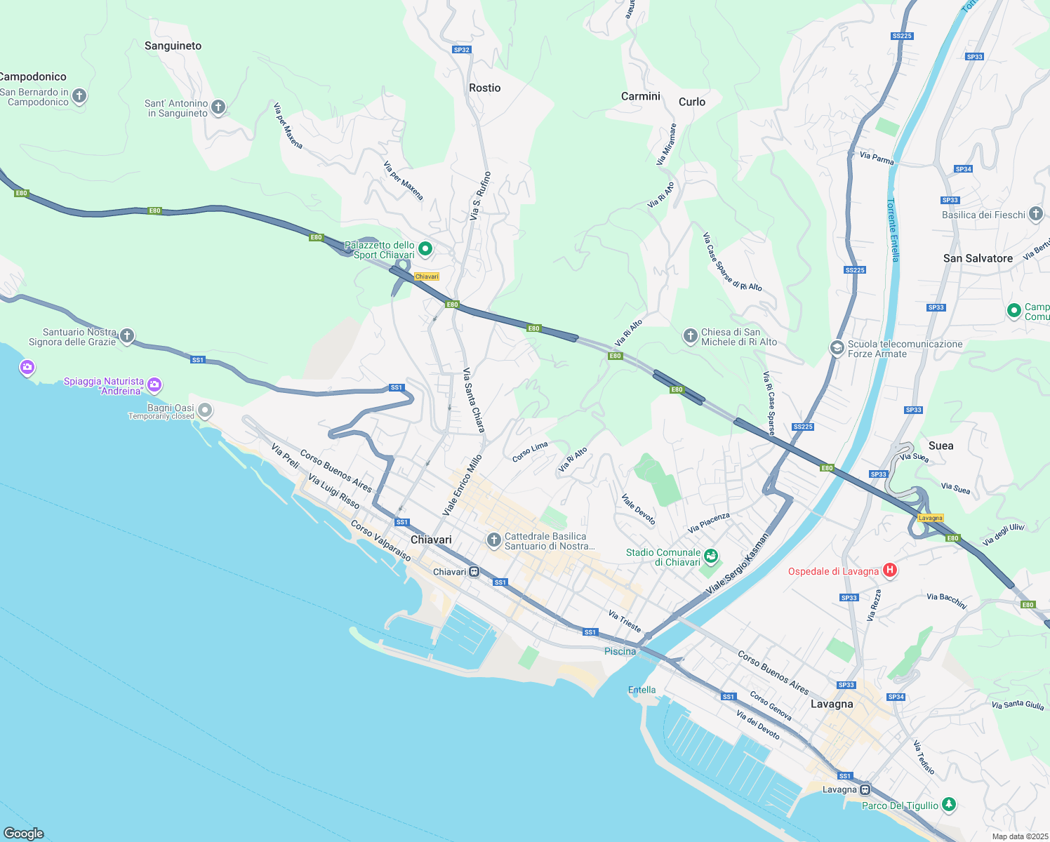 map of restaurants, bars, coffee shops, grocery stores, and more near 1 Via Ri Alto in Chiavari