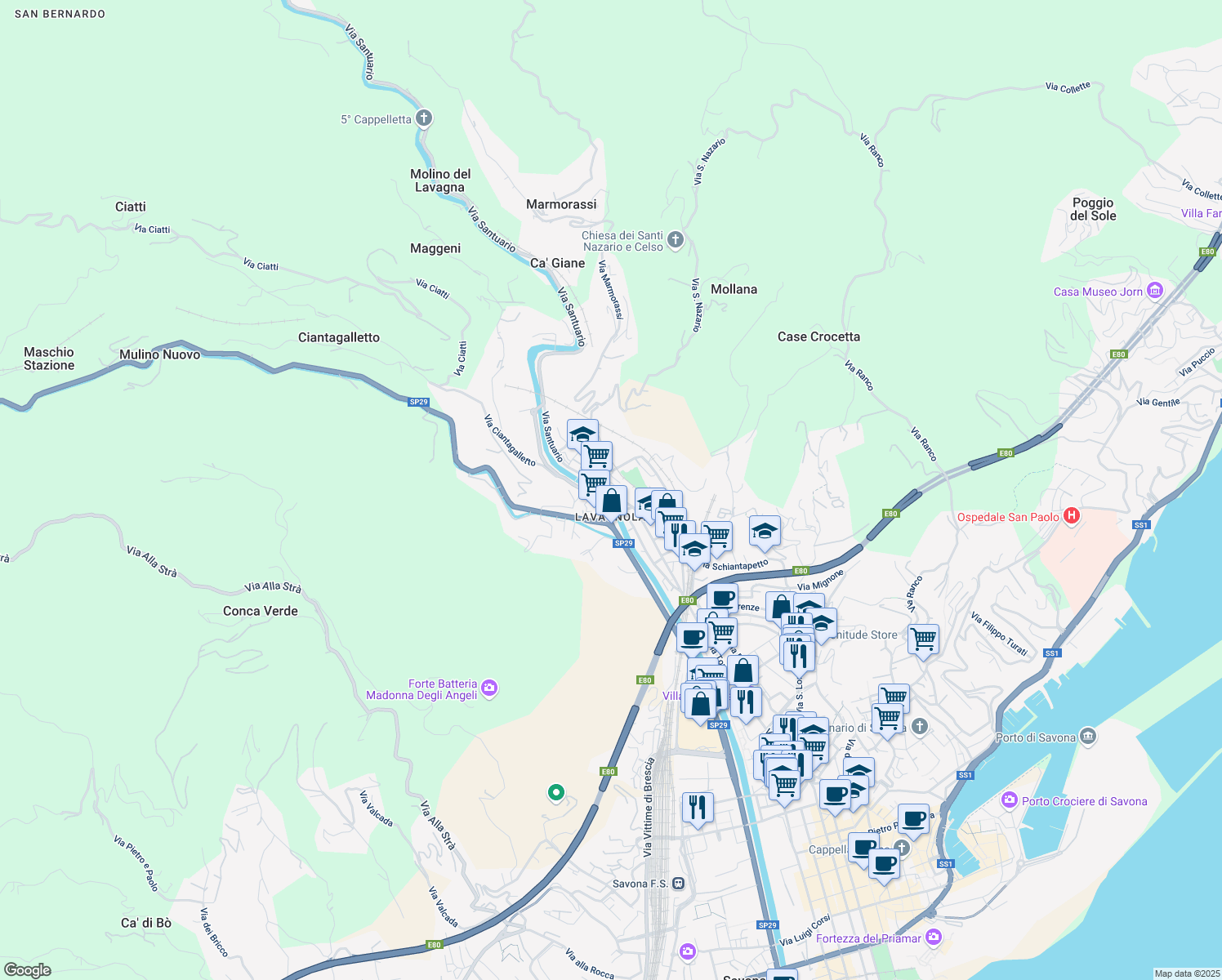 map of restaurants, bars, coffee shops, grocery stores, and more near 18 Piazza Lavagnola in Savona