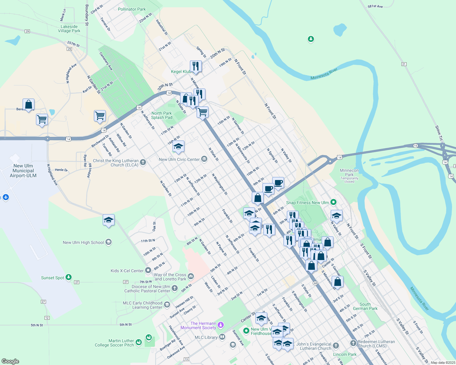 map of restaurants, bars, coffee shops, grocery stores, and more near 1013 N State St in New Ulm