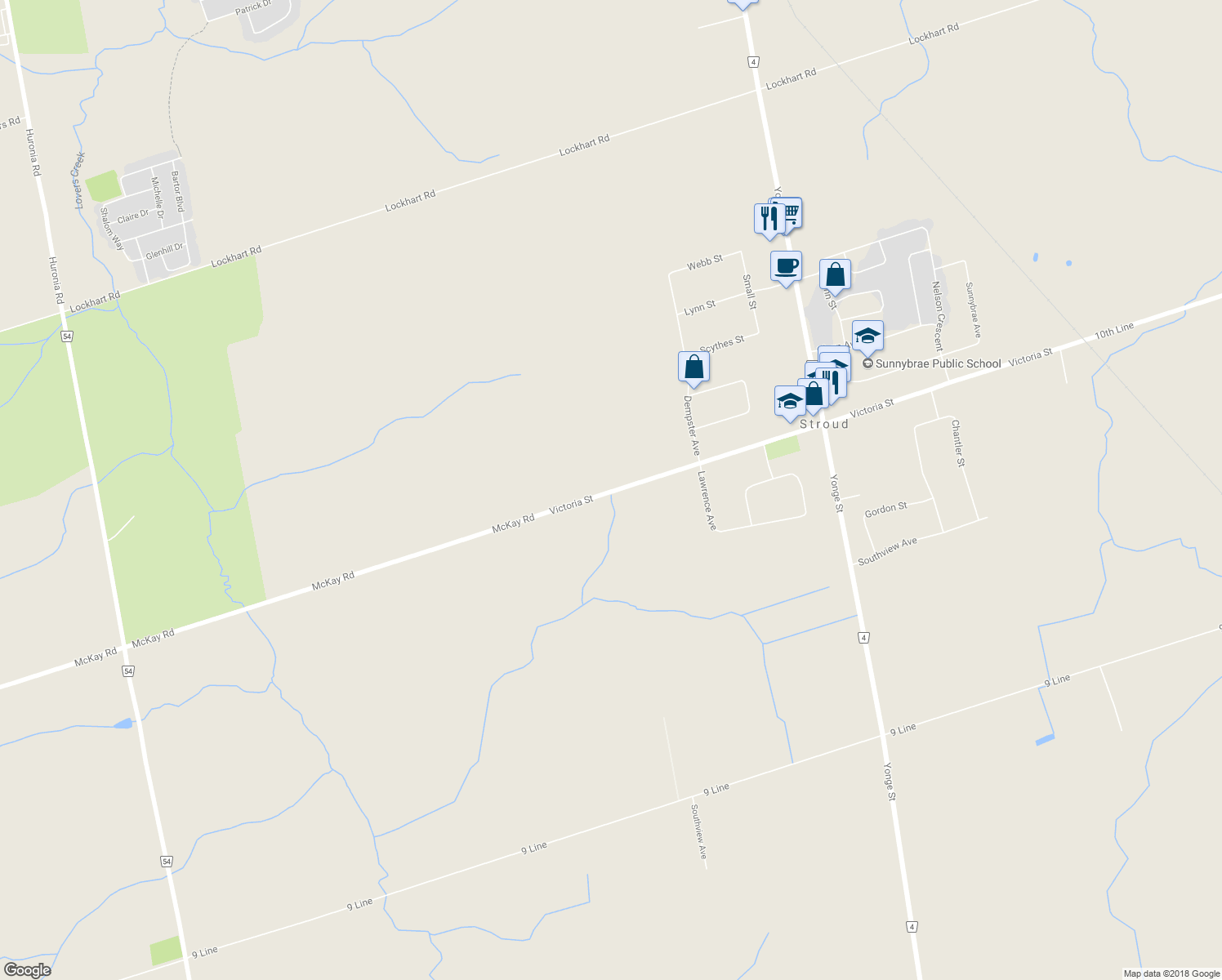 map of restaurants, bars, coffee shops, grocery stores, and more near 2458 10th Line in Innisfil