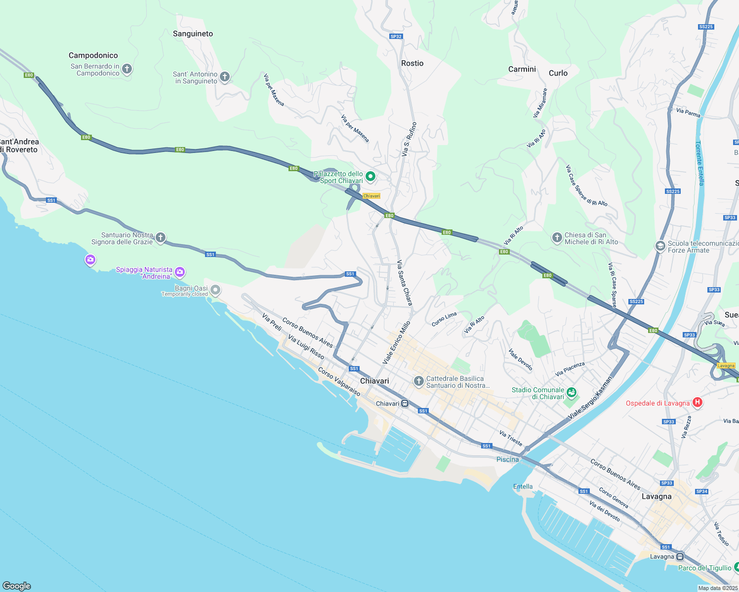 map of restaurants, bars, coffee shops, grocery stores, and more near 35 Via Antonio Gonnelli Cioni in Chiavari