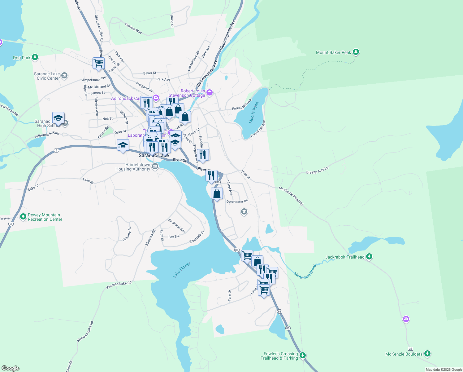 map of restaurants, bars, coffee shops, grocery stores, and more near 44 Slater Ave in Saranac Lake
