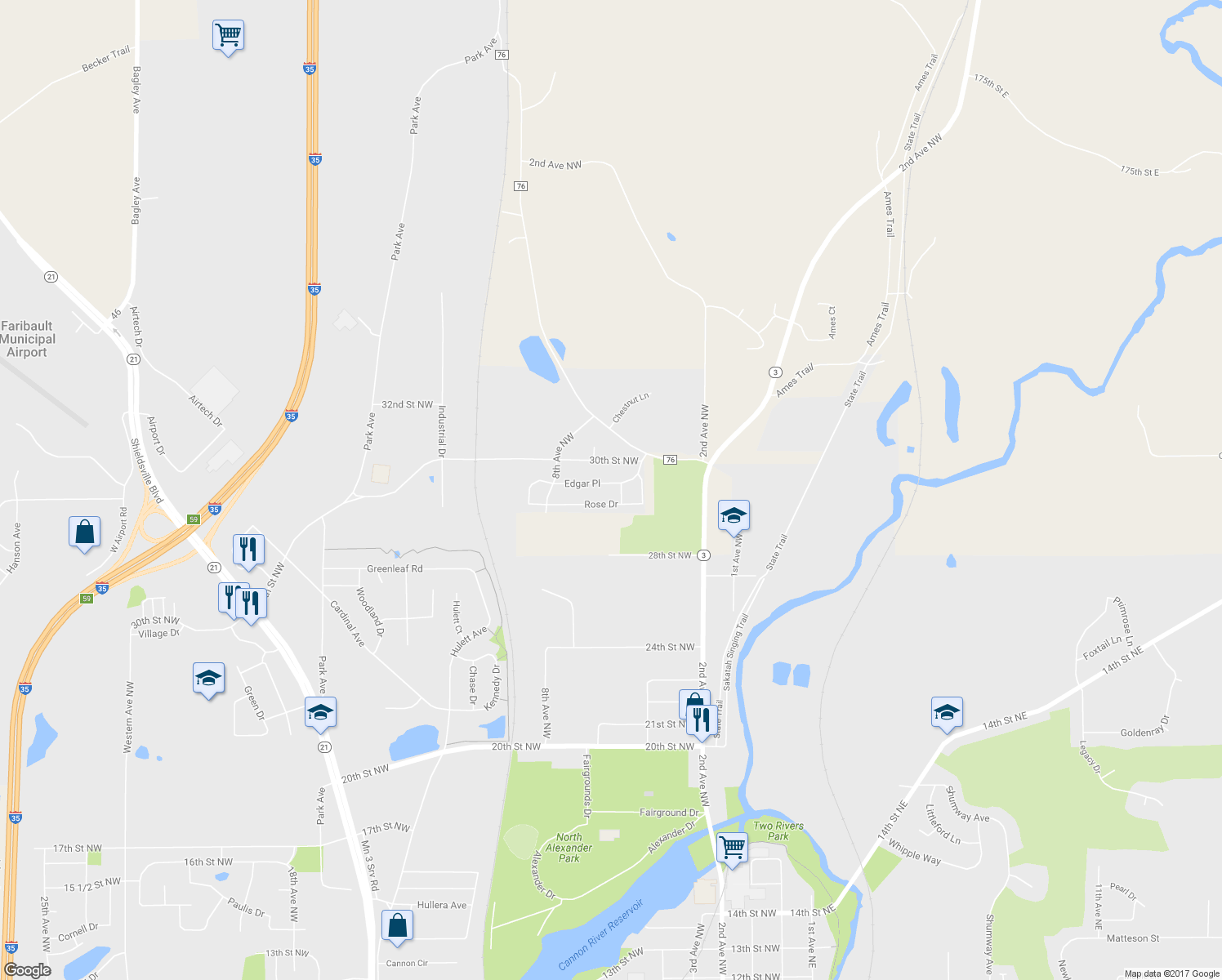 map of restaurants, bars, coffee shops, grocery stores, and more near 507 Edgar Place in Faribault