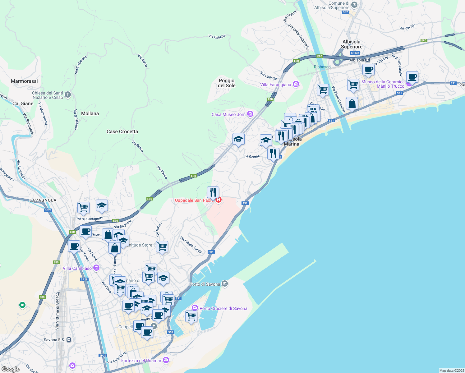 map of restaurants, bars, coffee shops, grocery stores, and more near 5 Via Privata Olivetta in Savona