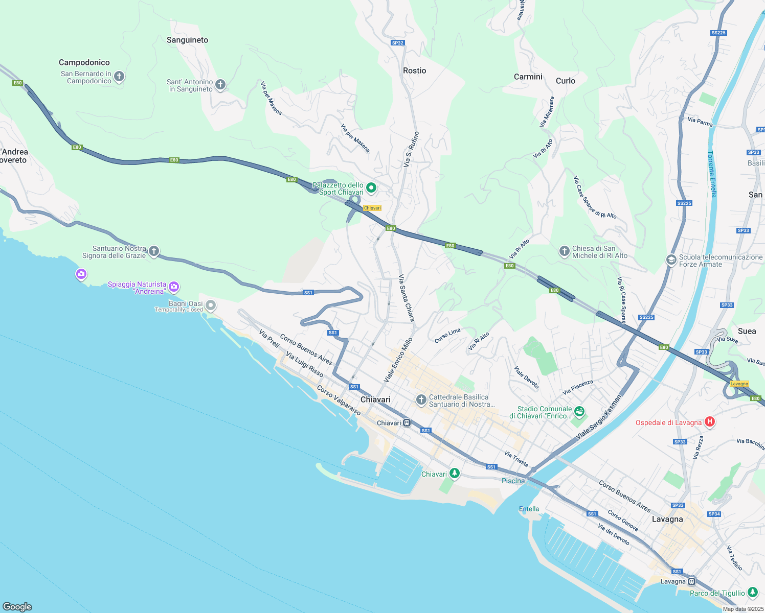 map of restaurants, bars, coffee shops, grocery stores, and more near 22 Via Colonnello Enrico Franceschi in Chiavari