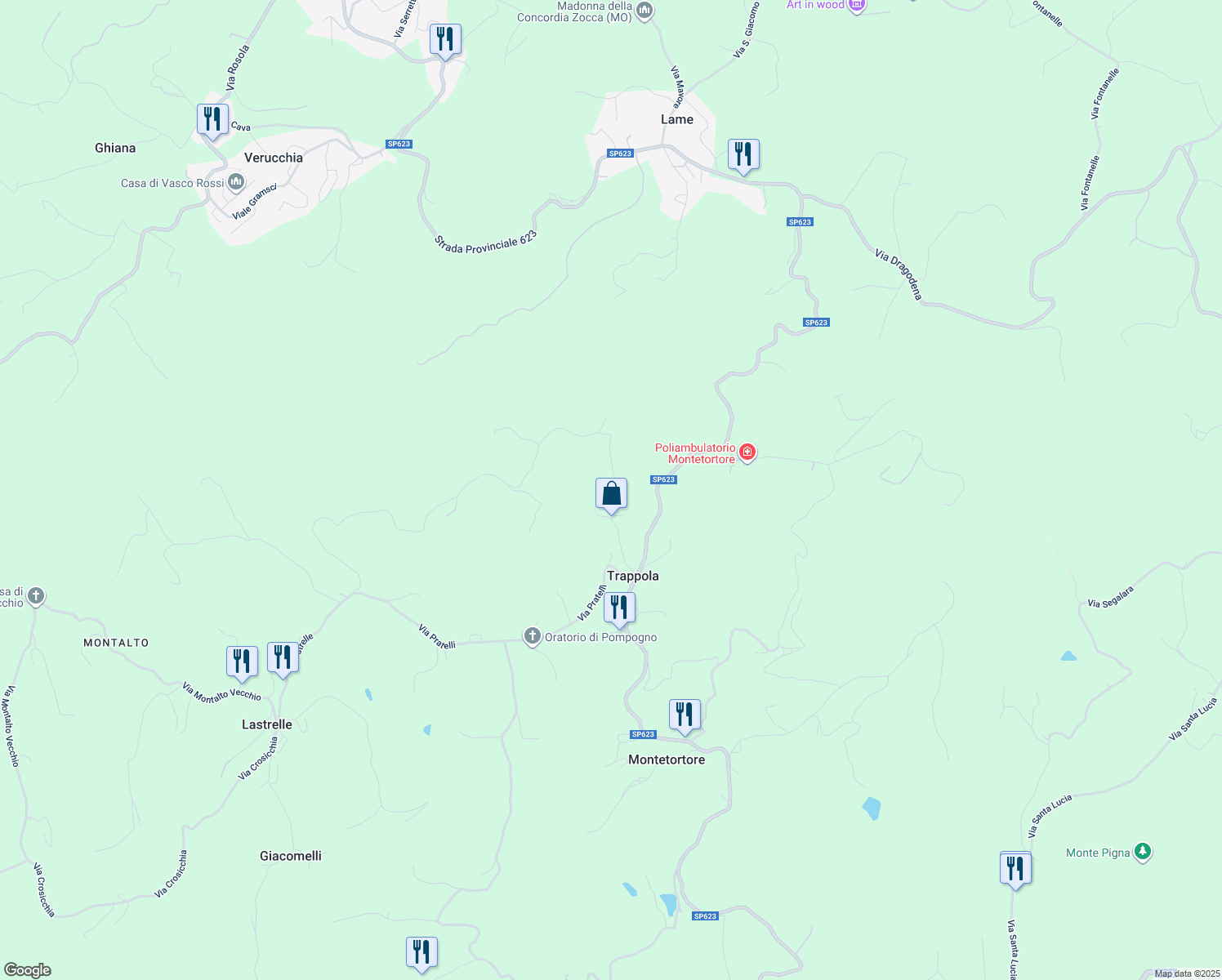 map of restaurants, bars, coffee shops, grocery stores, and more near 500 Via dei Bertù in Provincia di Modena