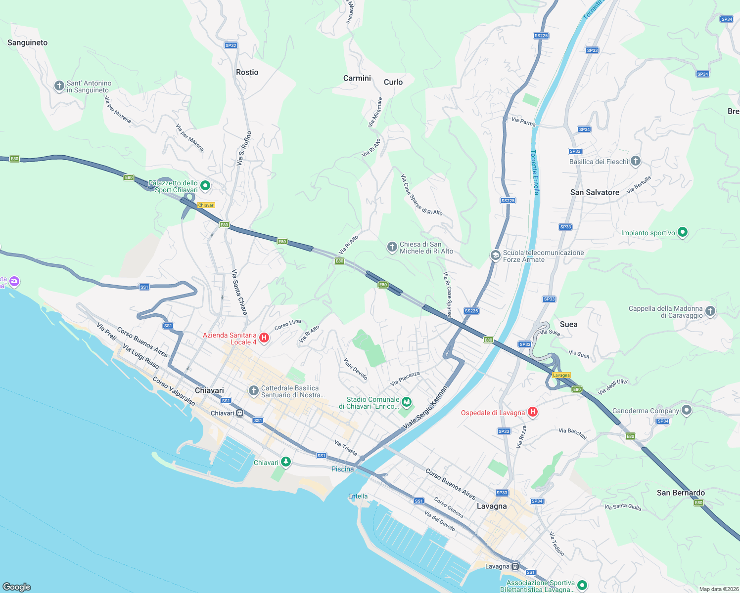 map of restaurants, bars, coffee shops, grocery stores, and more near 34 Viale San Pio X in Chiavari