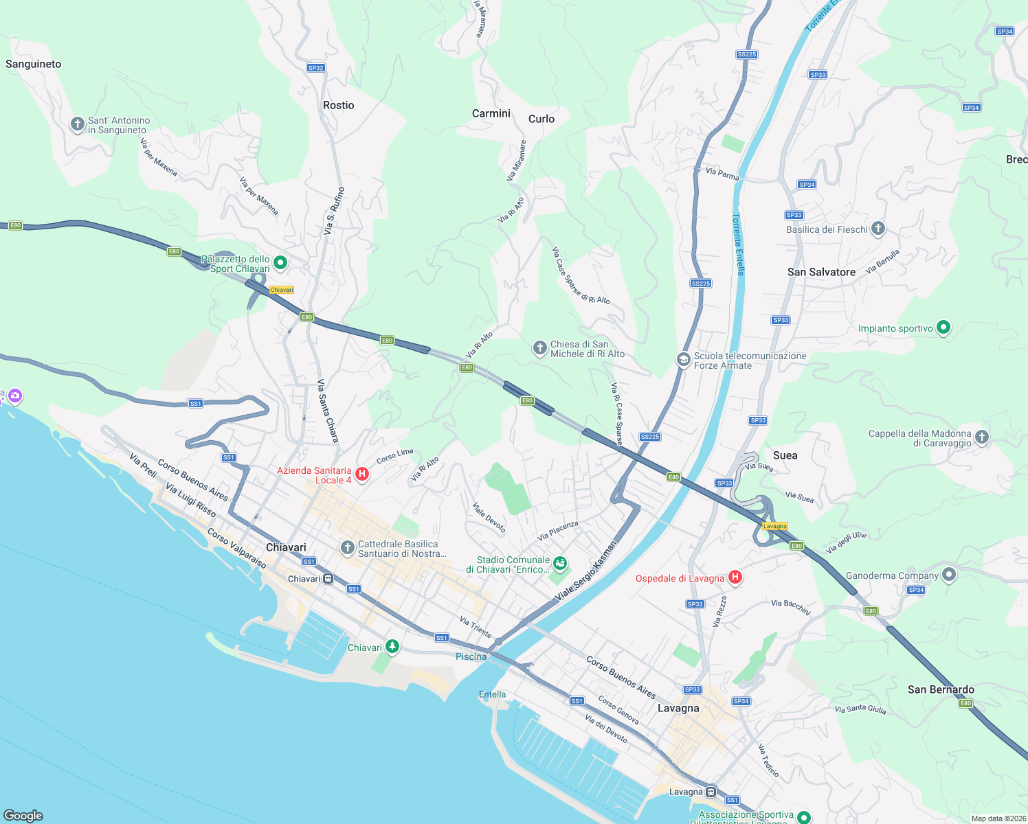 map of restaurants, bars, coffee shops, grocery stores, and more near 34 Viale San Pio X in Chiavari