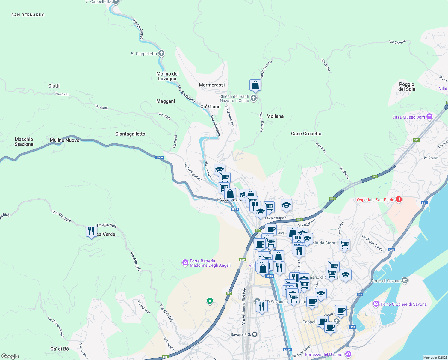 map of restaurants, bars, coffee shops, grocery stores, and more near 1 Via San Nazario in Savona