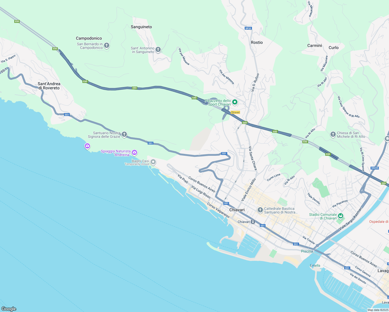 map of restaurants, bars, coffee shops, grocery stores, and more near 62 Via Aurelia in Chiavari
