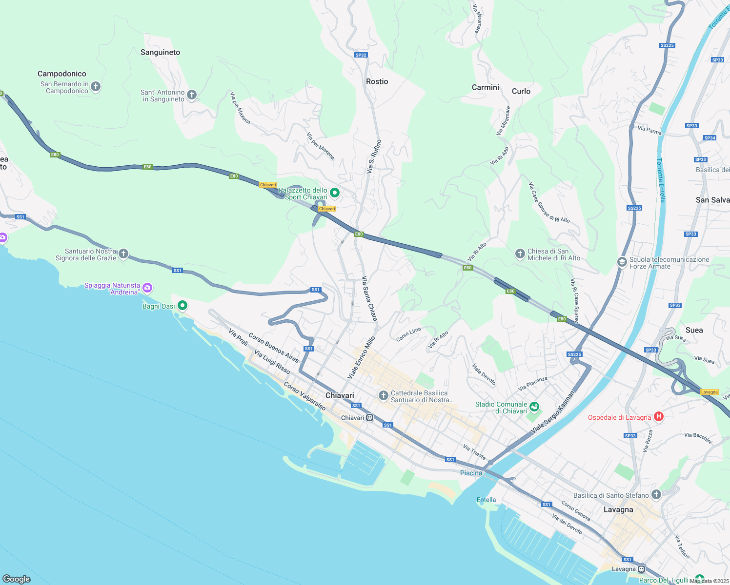 map of restaurants, bars, coffee shops, grocery stores, and more near 61C Via Santa Chiara in Chiavari
