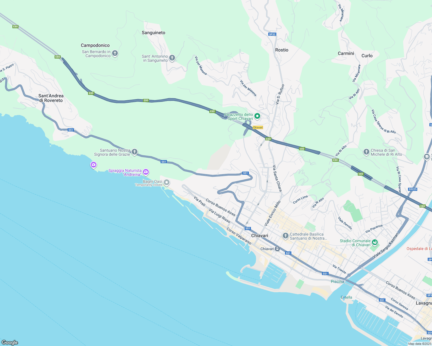 map of restaurants, bars, coffee shops, grocery stores, and more near 62 Via Aurelia in Chiavari