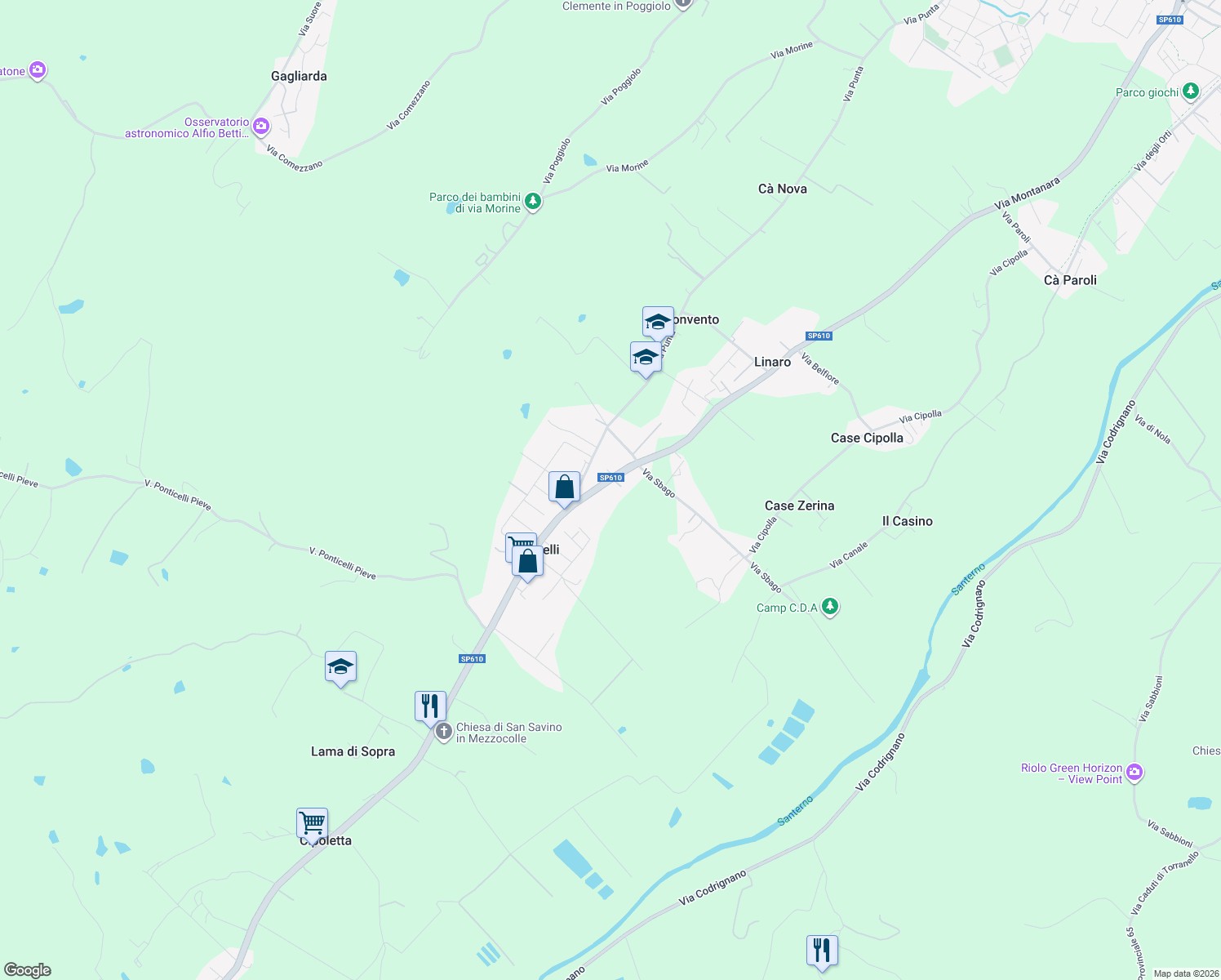 map of restaurants, bars, coffee shops, grocery stores, and more near 148 Via Montanara in Imola