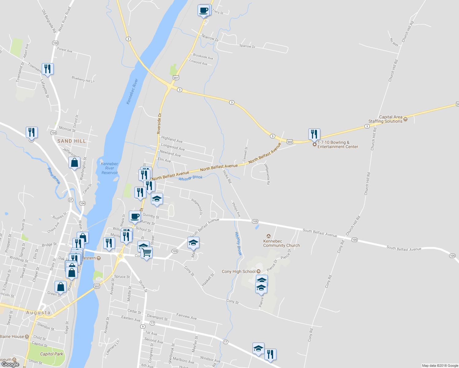 map of restaurants, bars, coffee shops, grocery stores, and more near 26 Hicks Road in Augusta