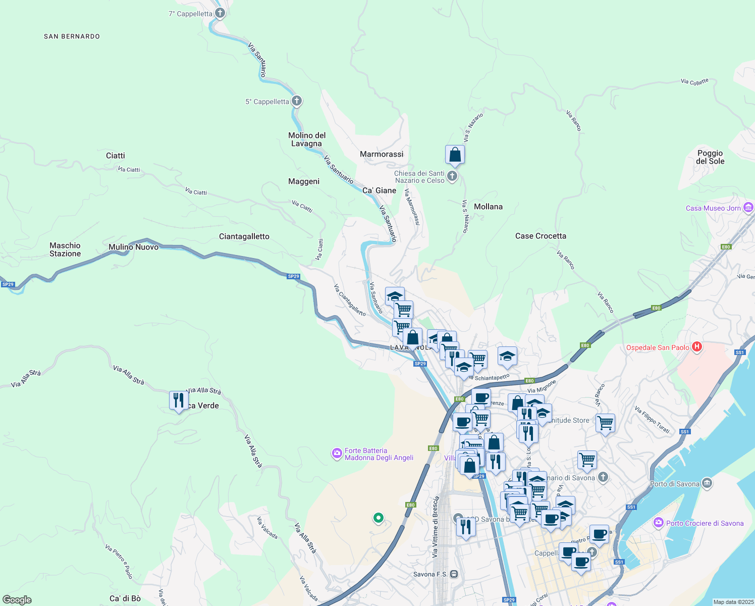 map of restaurants, bars, coffee shops, grocery stores, and more near 22 Via Santuario in Savona
