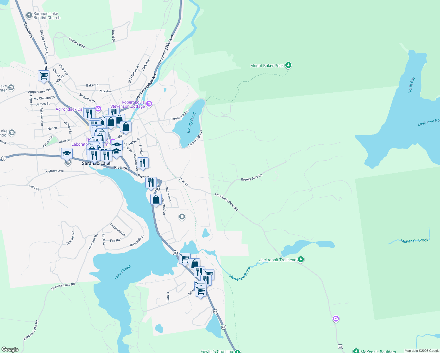 map of restaurants, bars, coffee shops, grocery stores, and more near 22 Passino Road in Saranac Lake