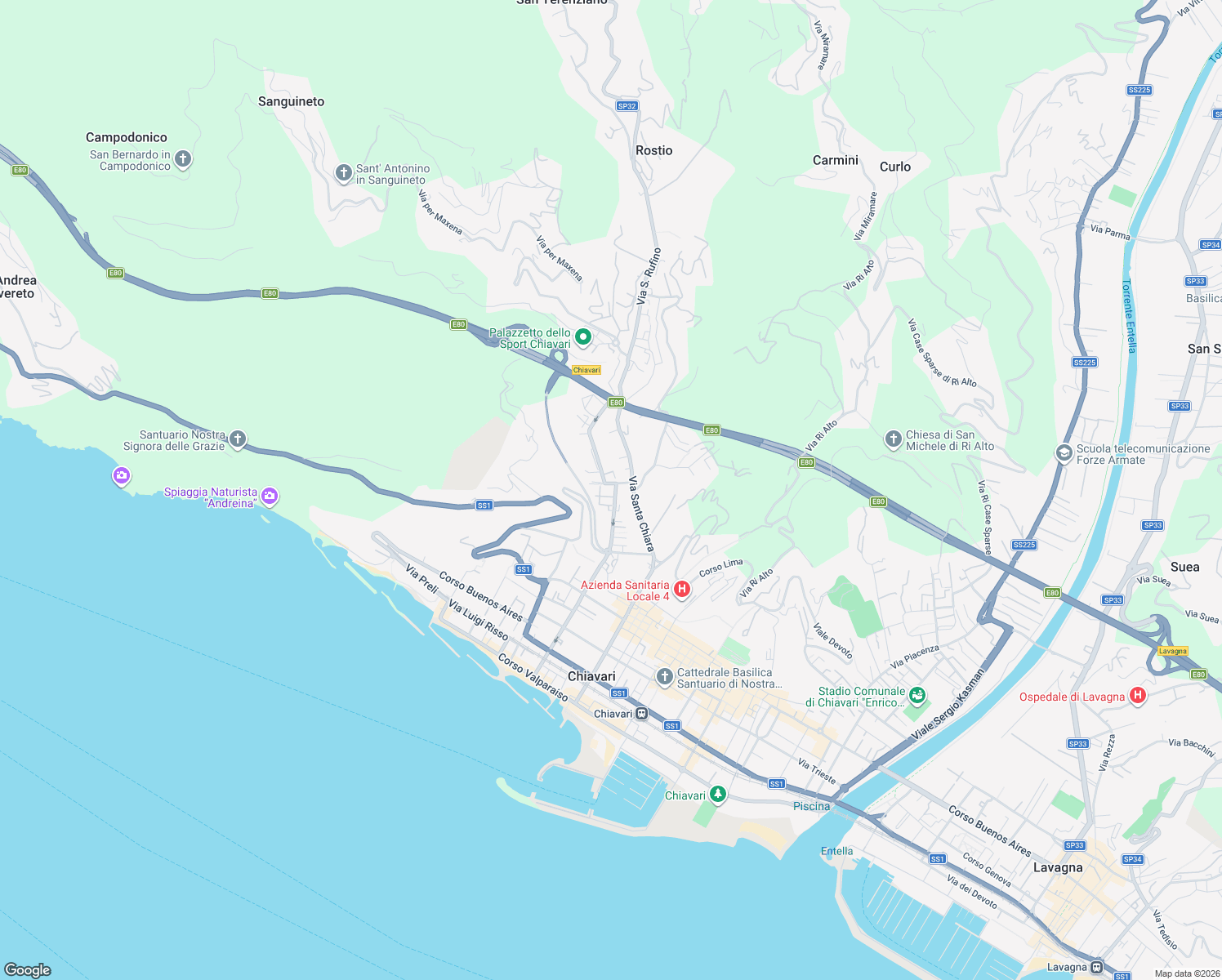 map of restaurants, bars, coffee shops, grocery stores, and more near 59 Via Colonnello Enrico Franceschi in Chiavari