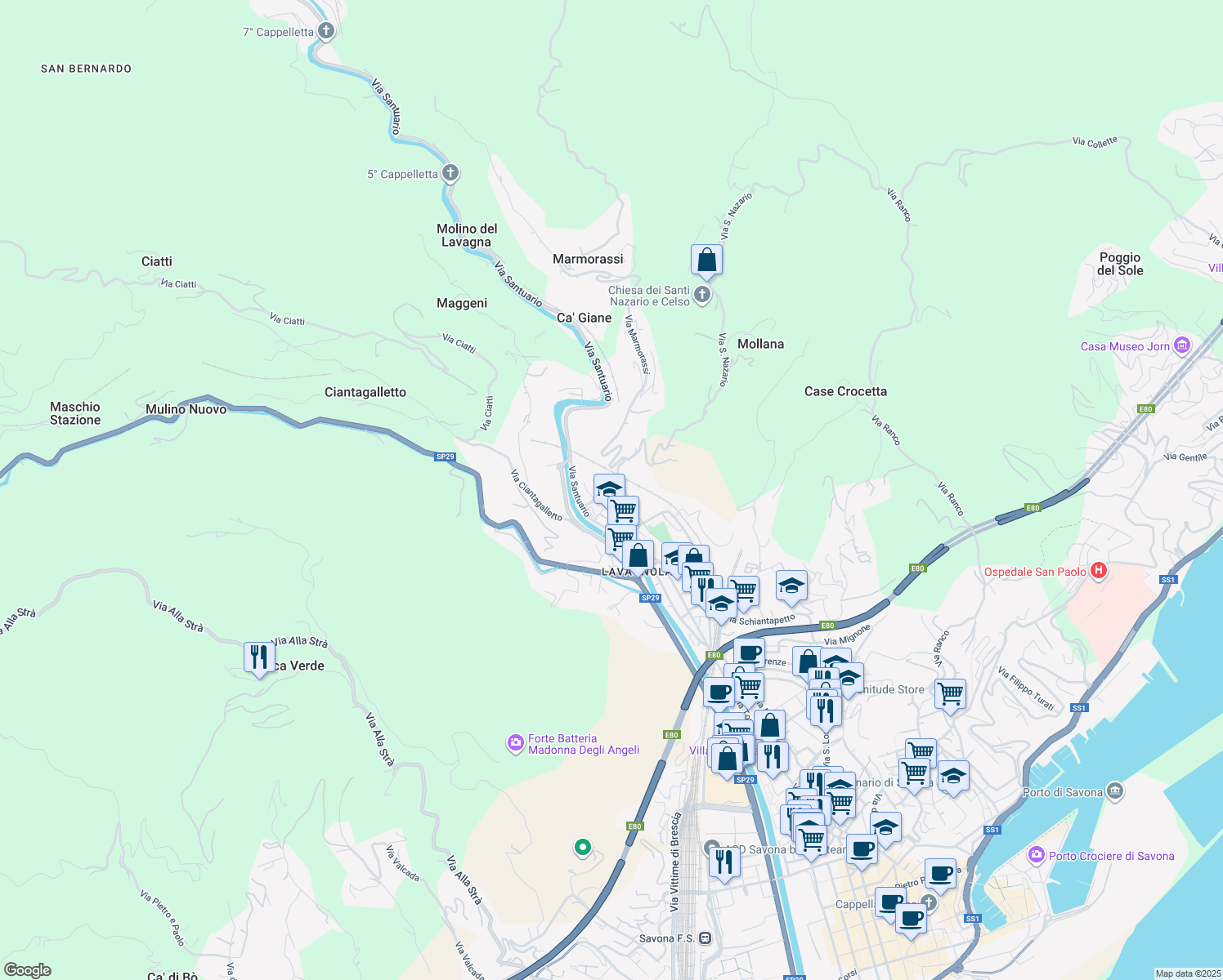 map of restaurants, bars, coffee shops, grocery stores, and more near 1 Via San Nazario in Savona