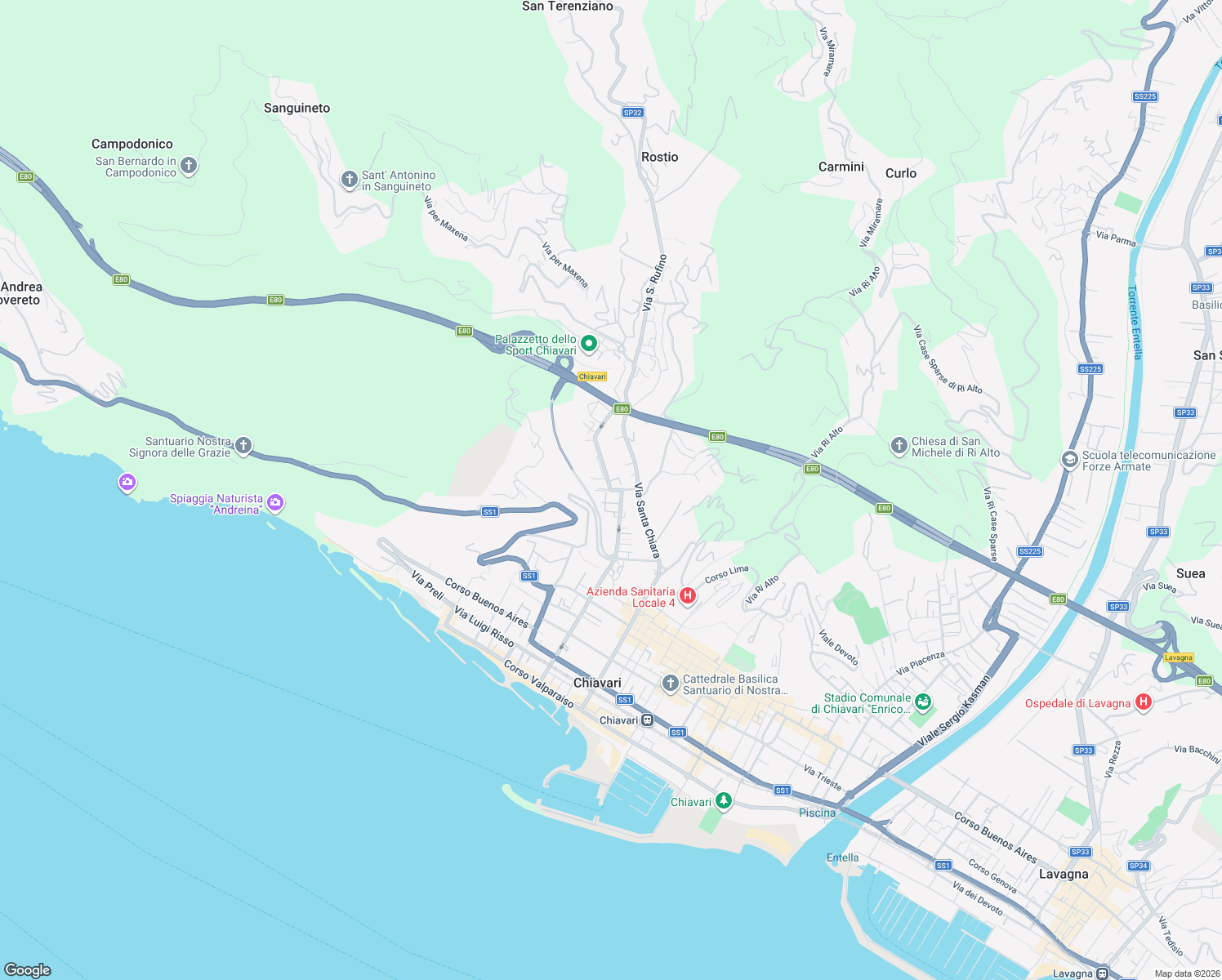 map of restaurants, bars, coffee shops, grocery stores, and more near 59 Via Colonnello Enrico Franceschi in Chiavari