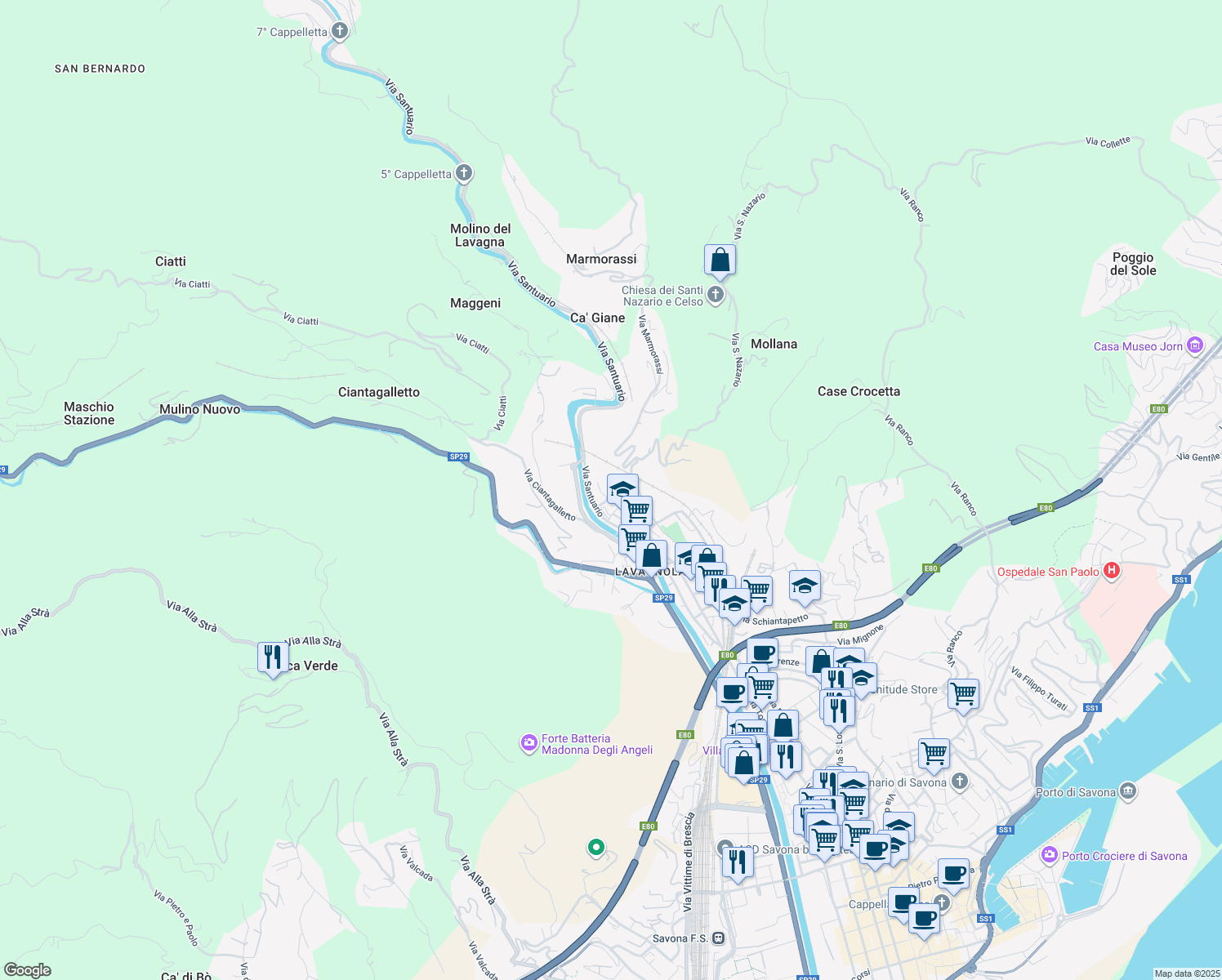 map of restaurants, bars, coffee shops, grocery stores, and more near 22 Via Santuario in Savona