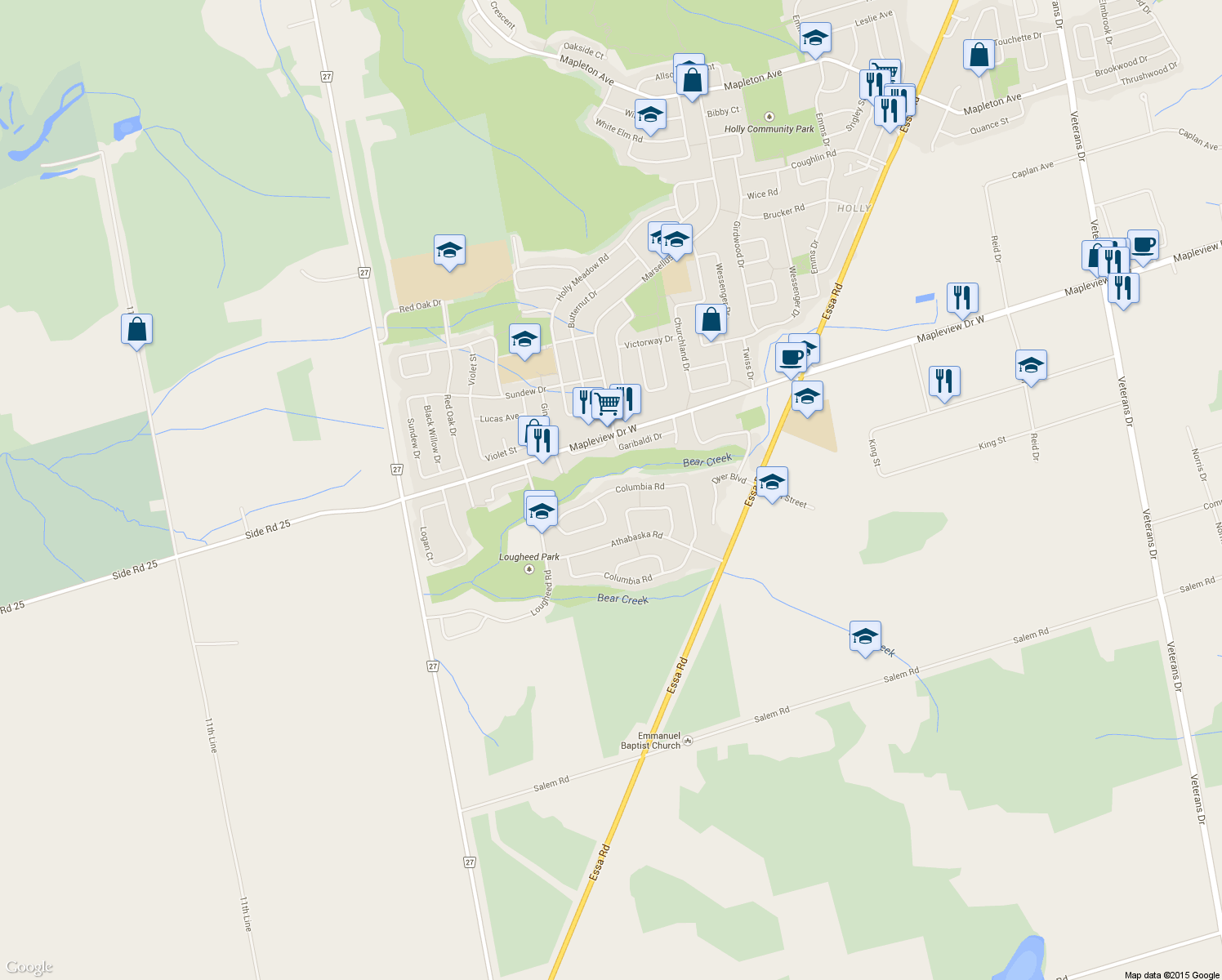 map of restaurants, bars, coffee shops, grocery stores, and more near 40 Columbia Road in Barrie