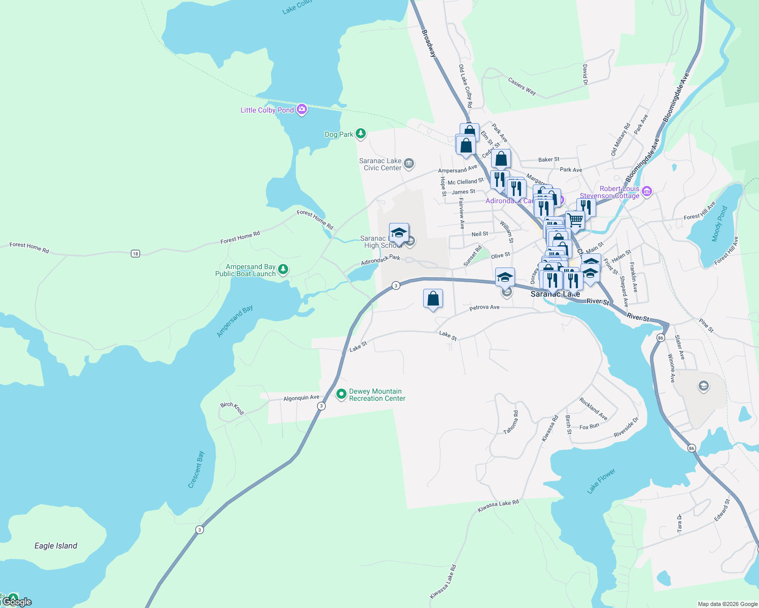 map of restaurants, bars, coffee shops, grocery stores, and more near 78-80 Edgewood Road in Saranac Lake