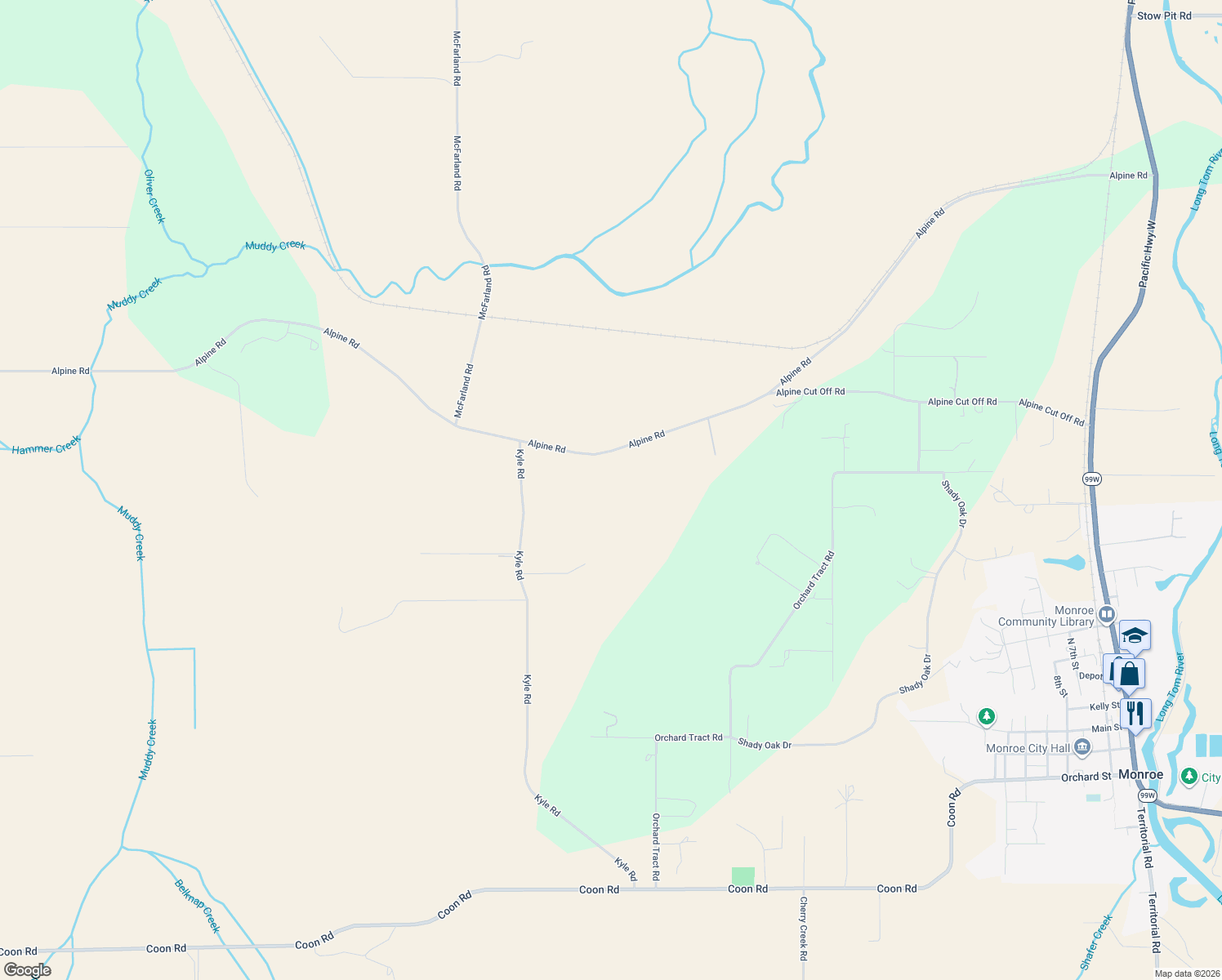 map of restaurants, bars, coffee shops, grocery stores, and more near 26100 Alpine Road in Monroe