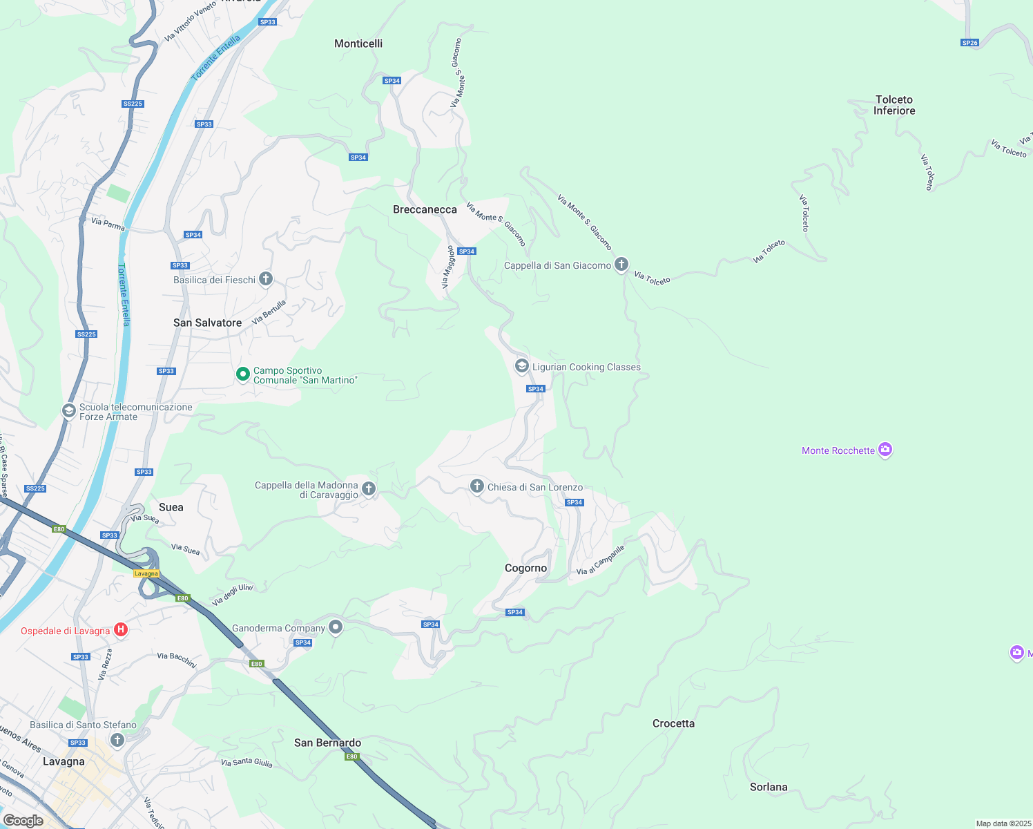 map of restaurants, bars, coffee shops, grocery stores, and more near 7 Via Al Castello in Cogorno