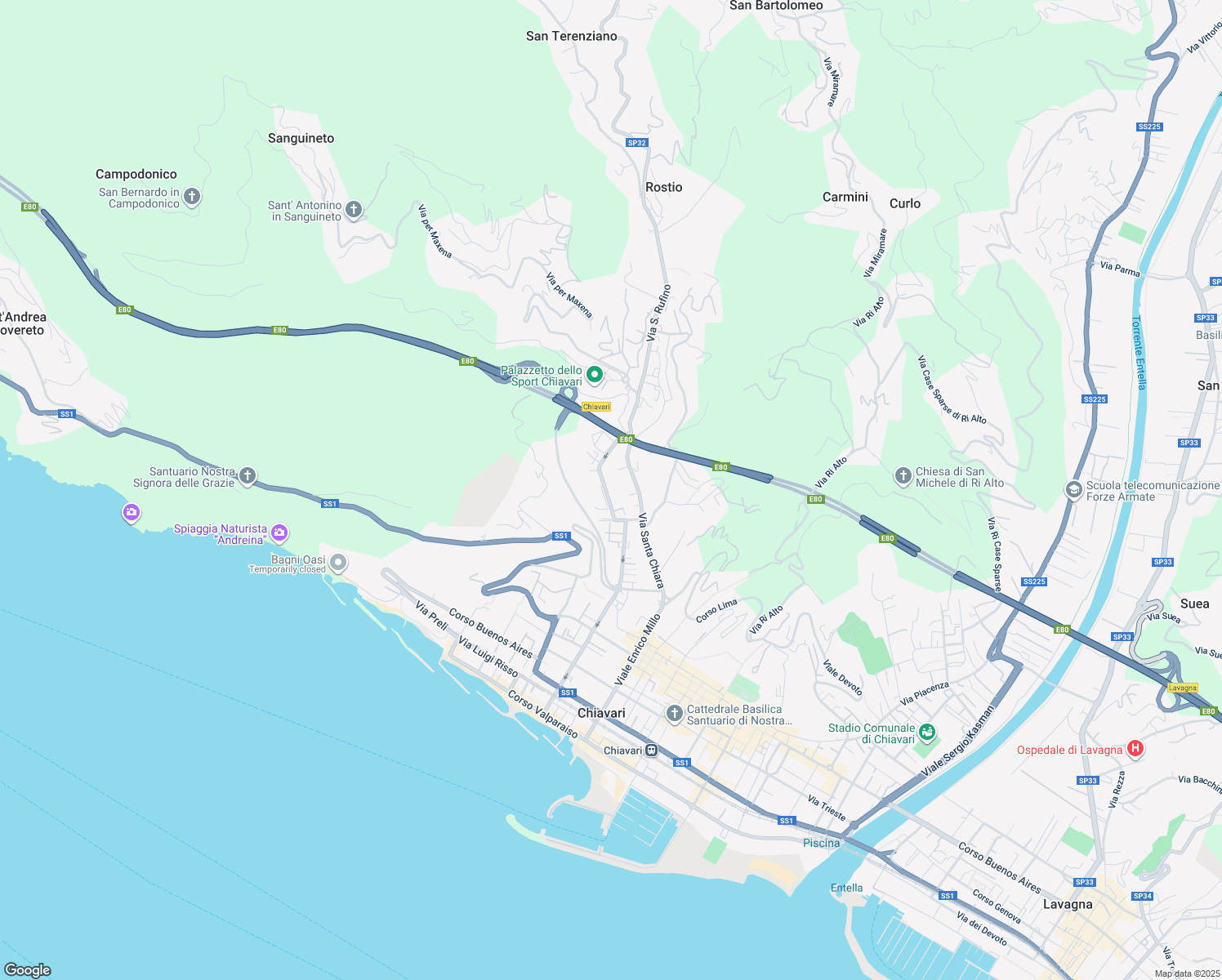 map of restaurants, bars, coffee shops, grocery stores, and more near 1 Via Colonnello Enrico Franceschi in Chiavari