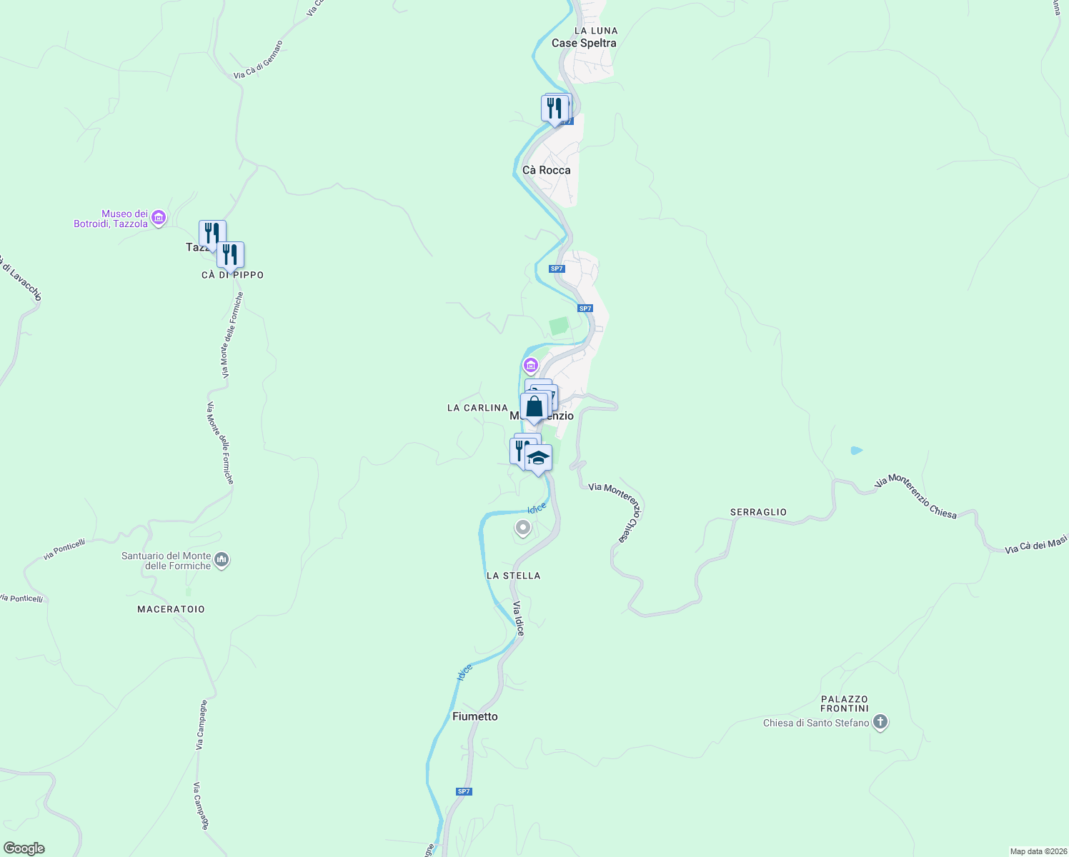 map of restaurants, bars, coffee shops, grocery stores, and more near Strada Provinciale 7 in Monterenzio