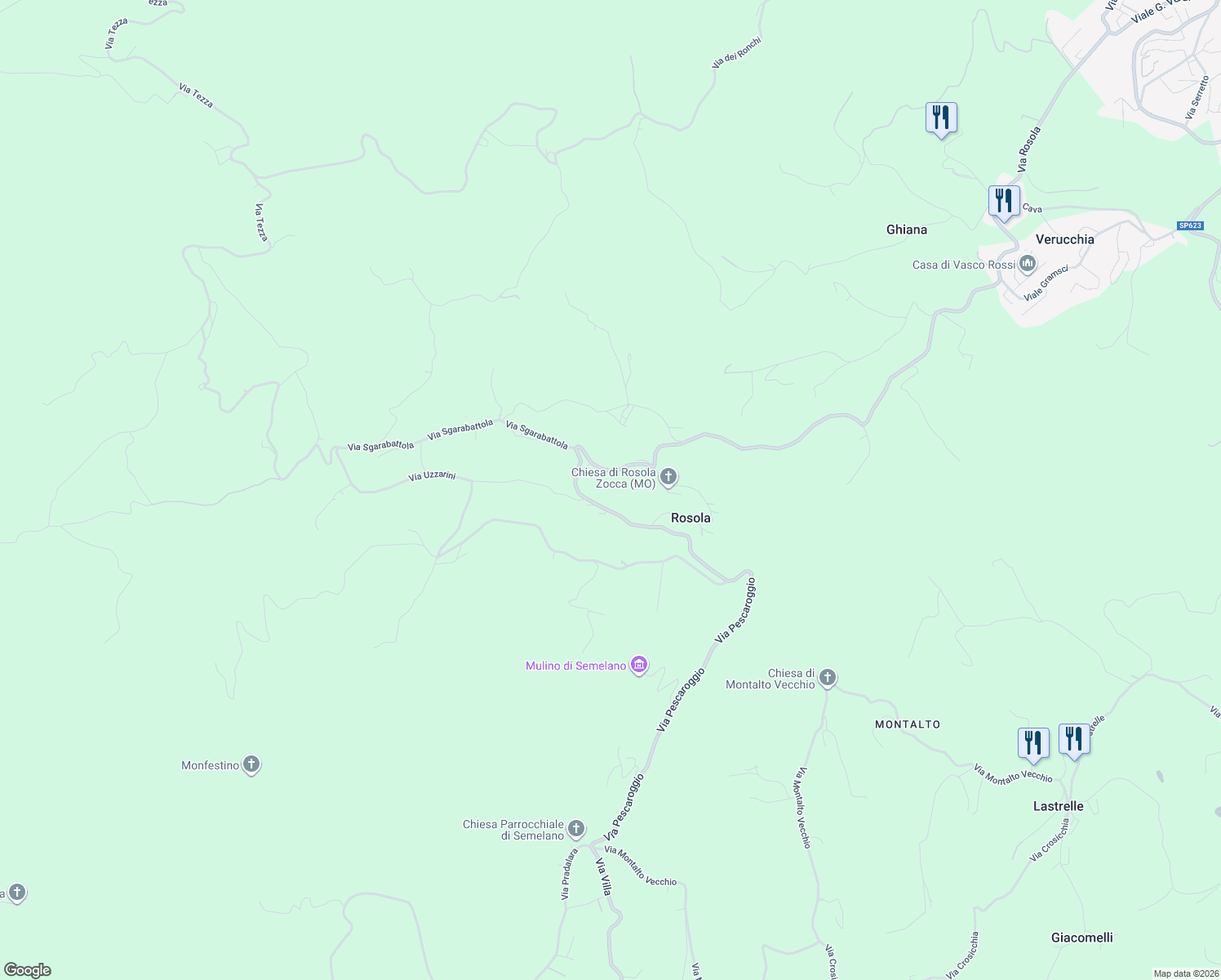 map of restaurants, bars, coffee shops, grocery stores, and more near 3132 Via Rosola in Provincia di Modena