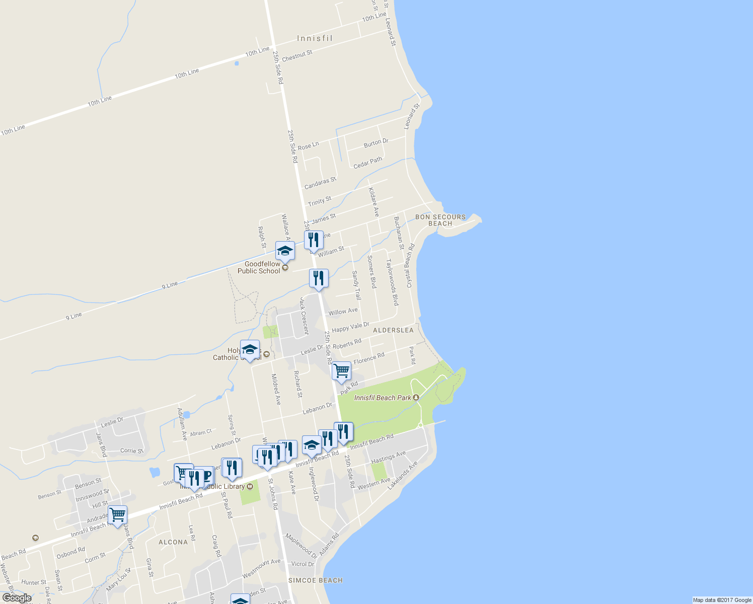 map of restaurants, bars, coffee shops, grocery stores, and more near 2286 Somers Boulevard in Innisfil