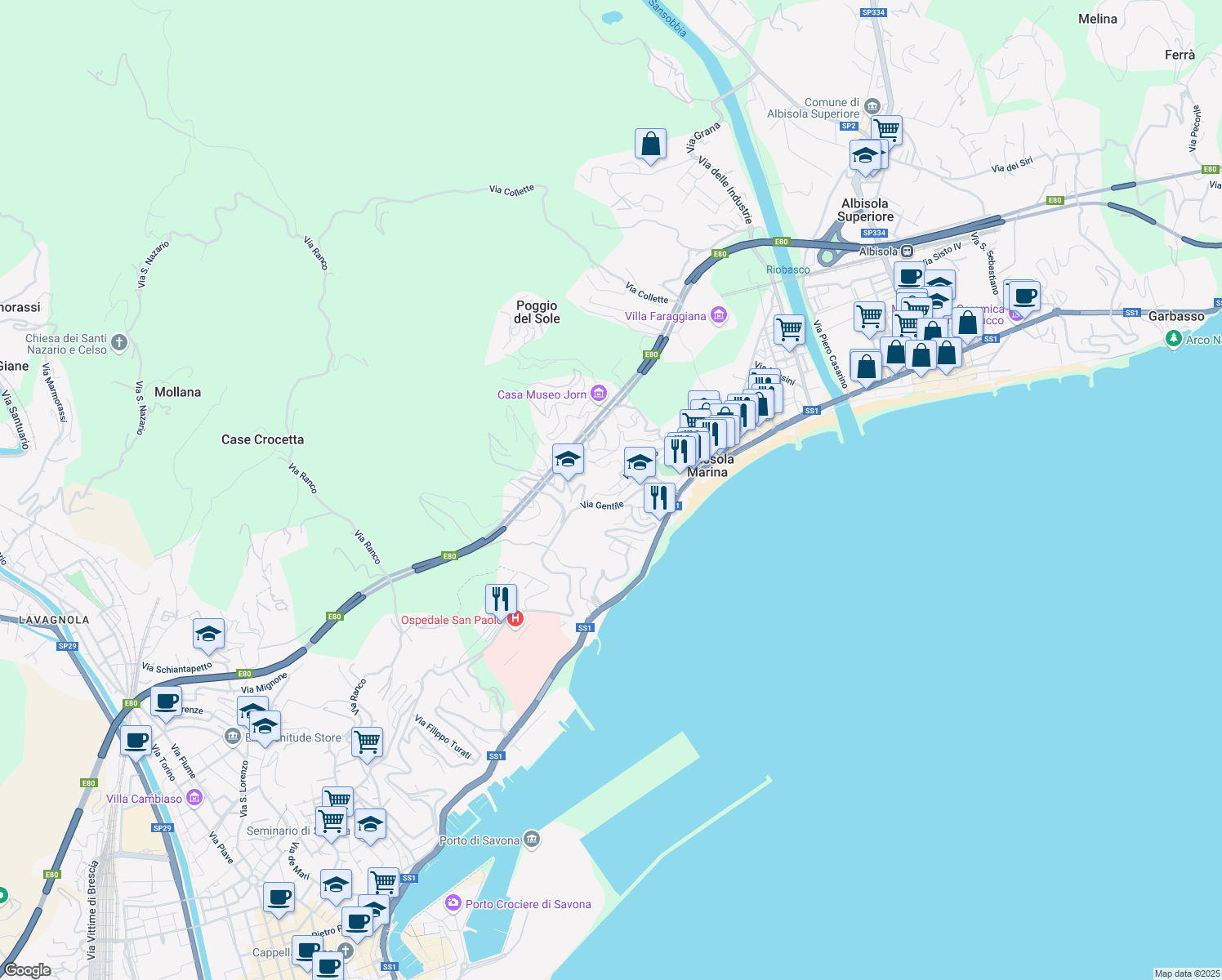 map of restaurants, bars, coffee shops, grocery stores, and more near 77 Via Gentile in Albissola Marina