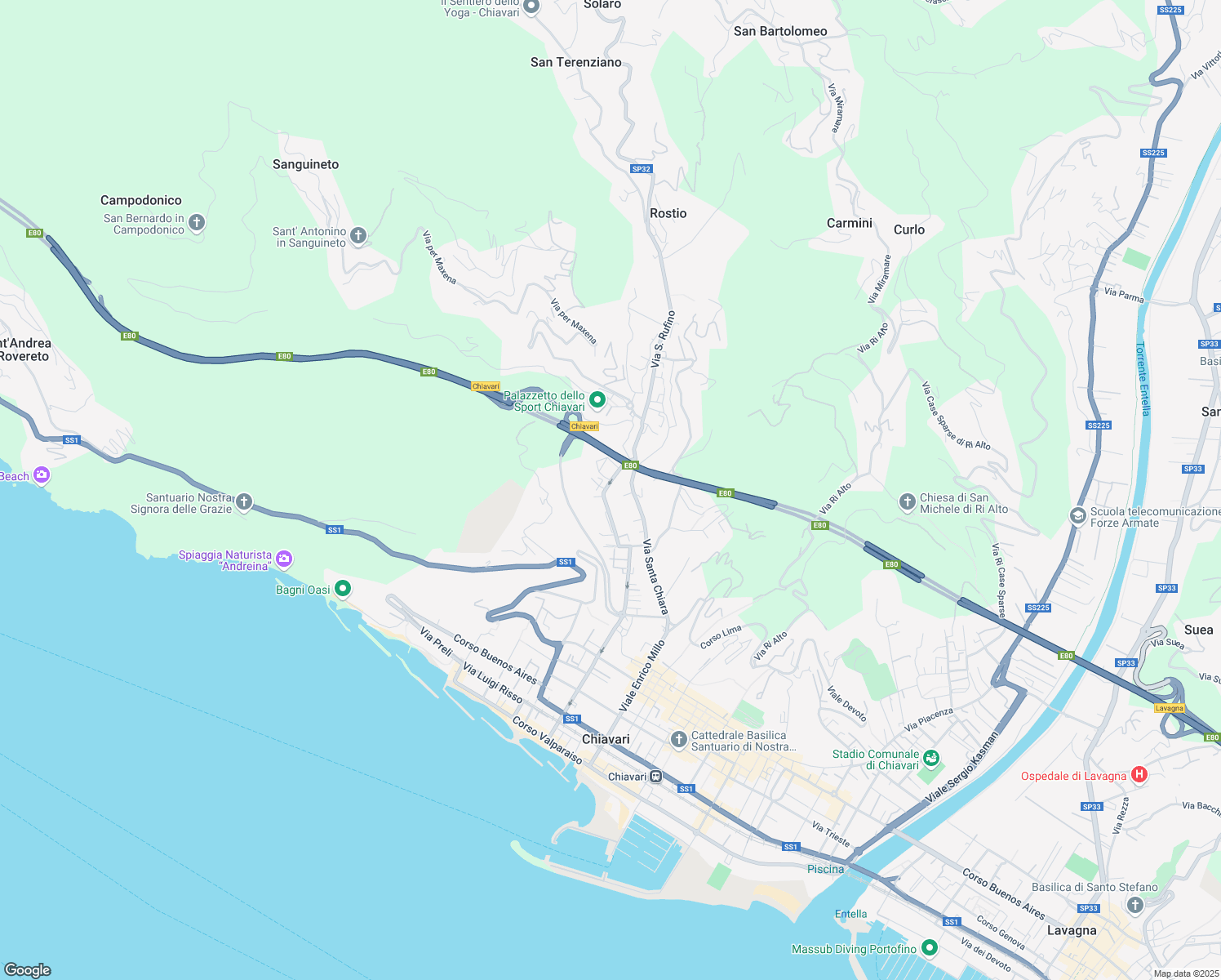 map of restaurants, bars, coffee shops, grocery stores, and more near 23 Via dei Lertora in Chiavari