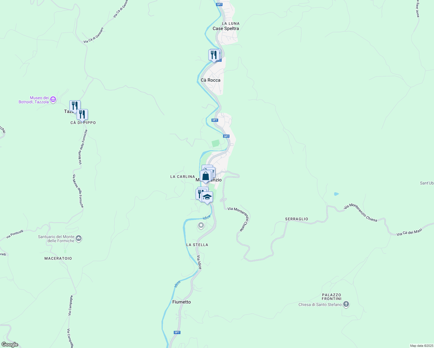 map of restaurants, bars, coffee shops, grocery stores, and more near 9 Via Monterenzio Chiesa in Monterenzio
