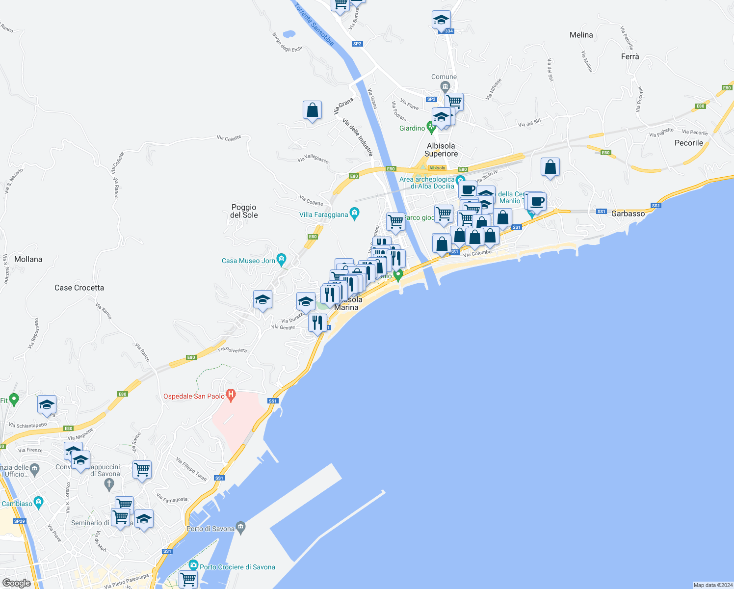 map of restaurants, bars, coffee shops, grocery stores, and more near Lungomare degli Artisti in Albissola Marina
