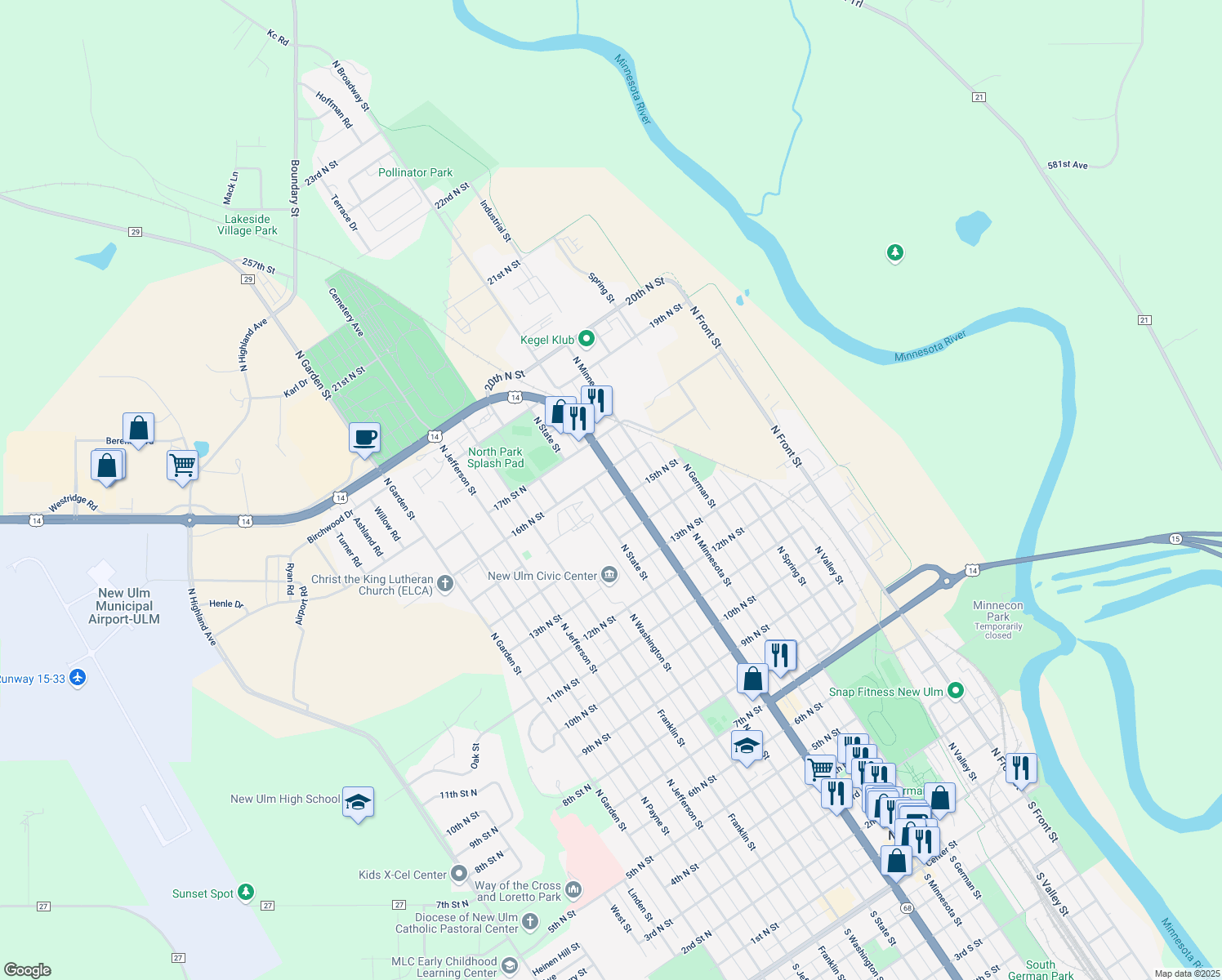 map of restaurants, bars, coffee shops, grocery stores, and more near 1515 North Broadway Stret in New Ulm